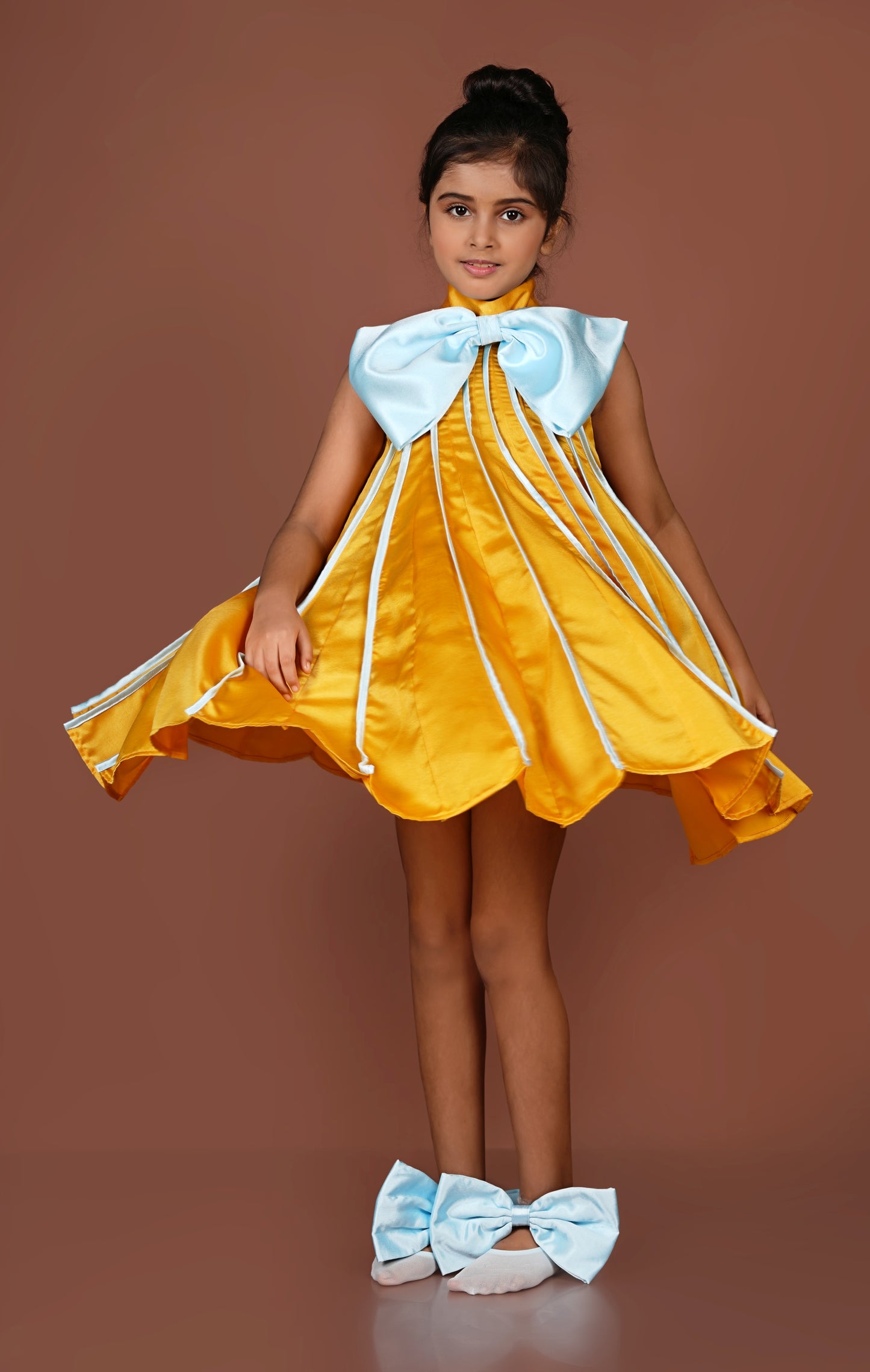 Bold Vibrant Mustard Meets Ice Blue in This Chic Pleated Dress
