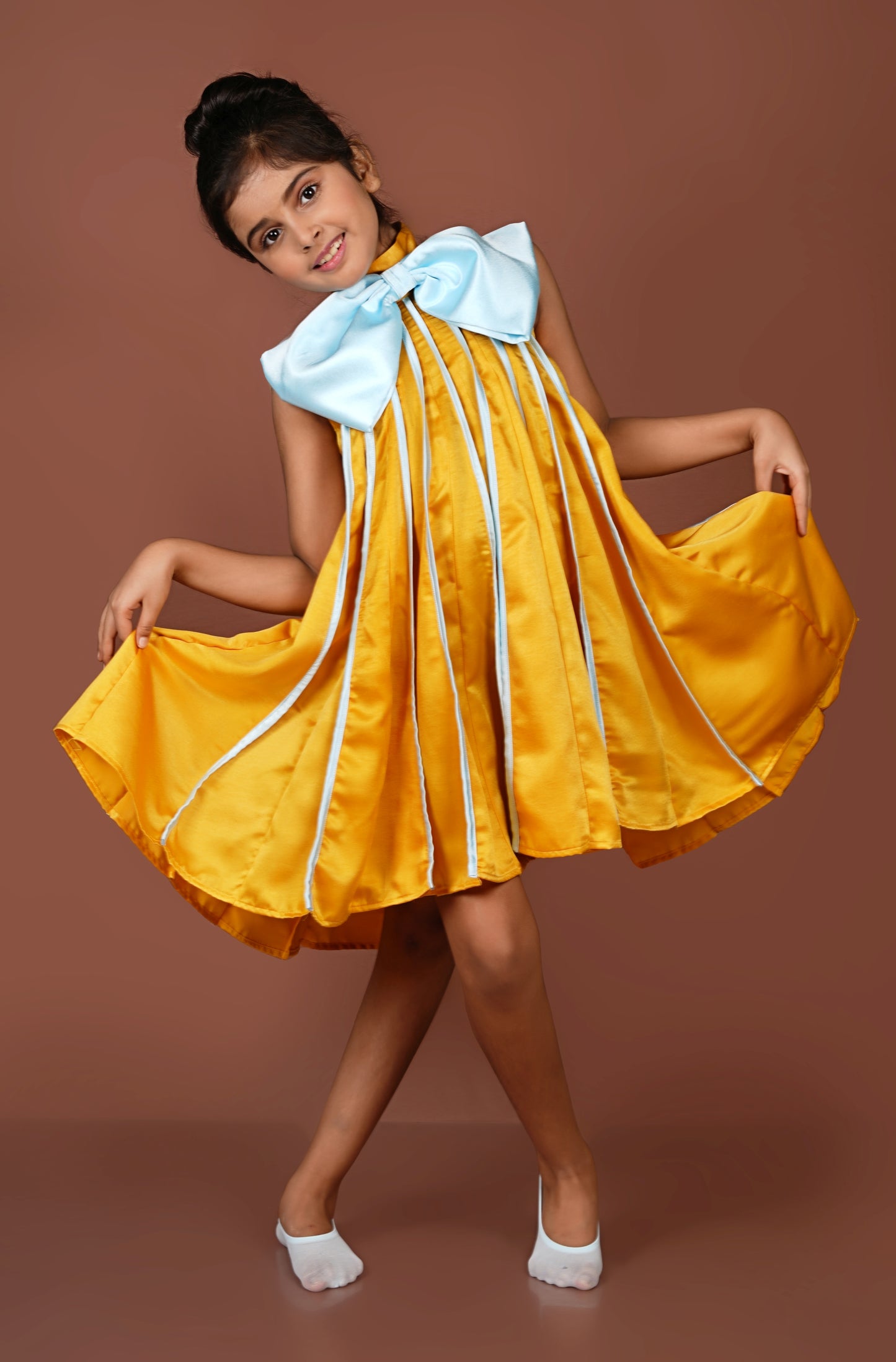 Bold Vibrant Mustard Meets Ice Blue in This Chic Pleated Dress