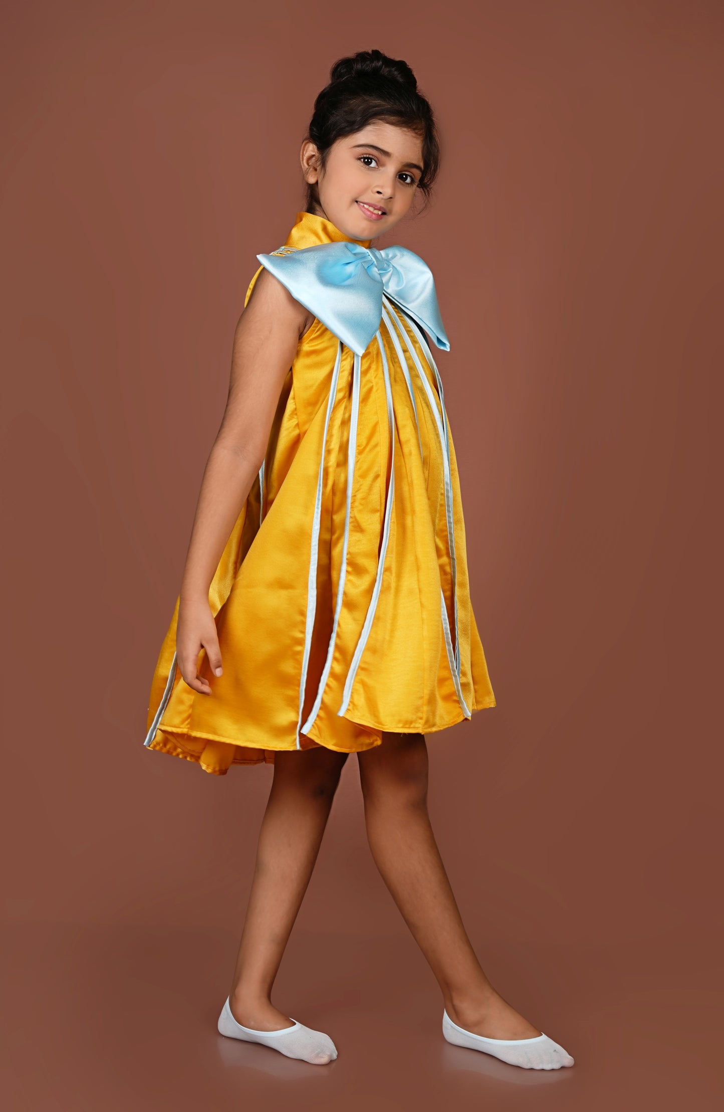 Bold Vibrant Mustard Meets Ice Blue in This Chic Pleated Dress