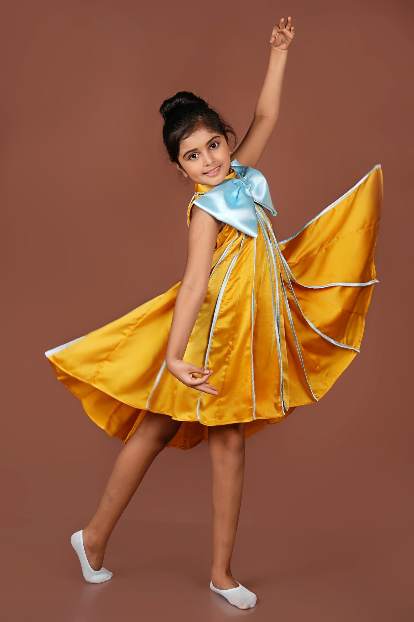 Bold Vibrant Mustard Meets Ice Blue in This Chic Pleated Dress