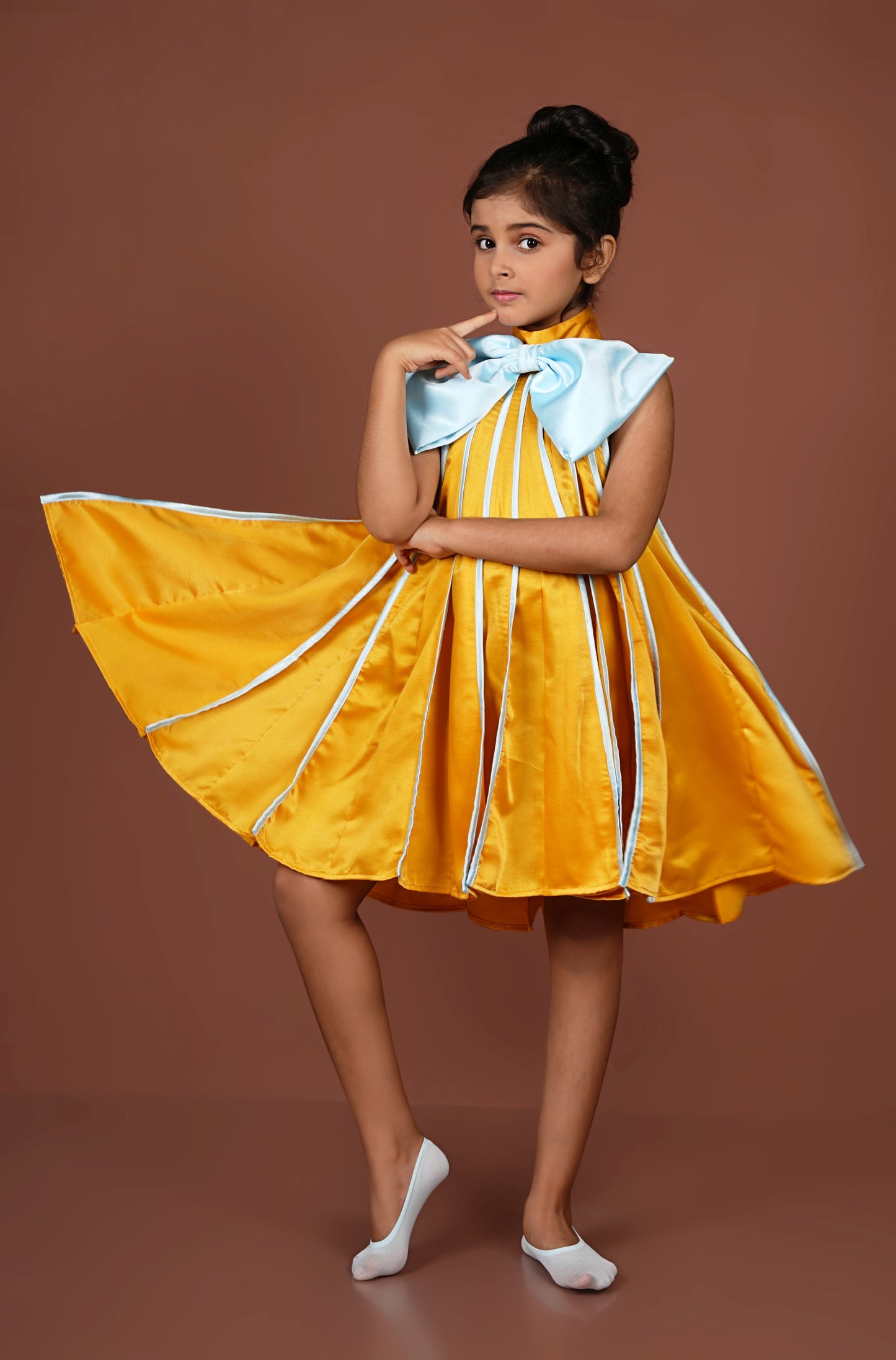 Bold Vibrant Mustard Meets Ice Blue in This Chic Pleated Dress