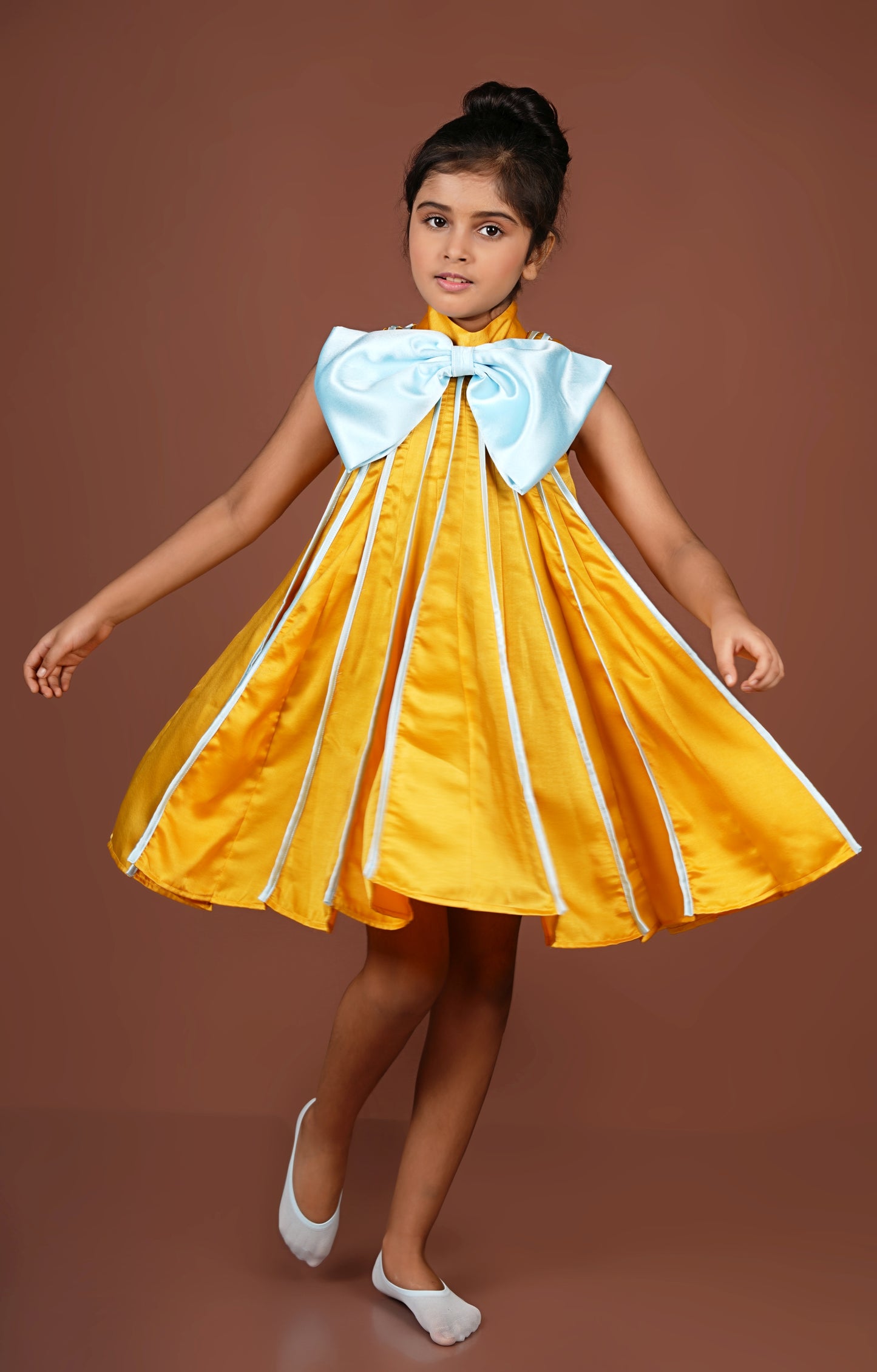 Bold Vibrant Mustard Meets Ice Blue in This Chic Pleated Dress