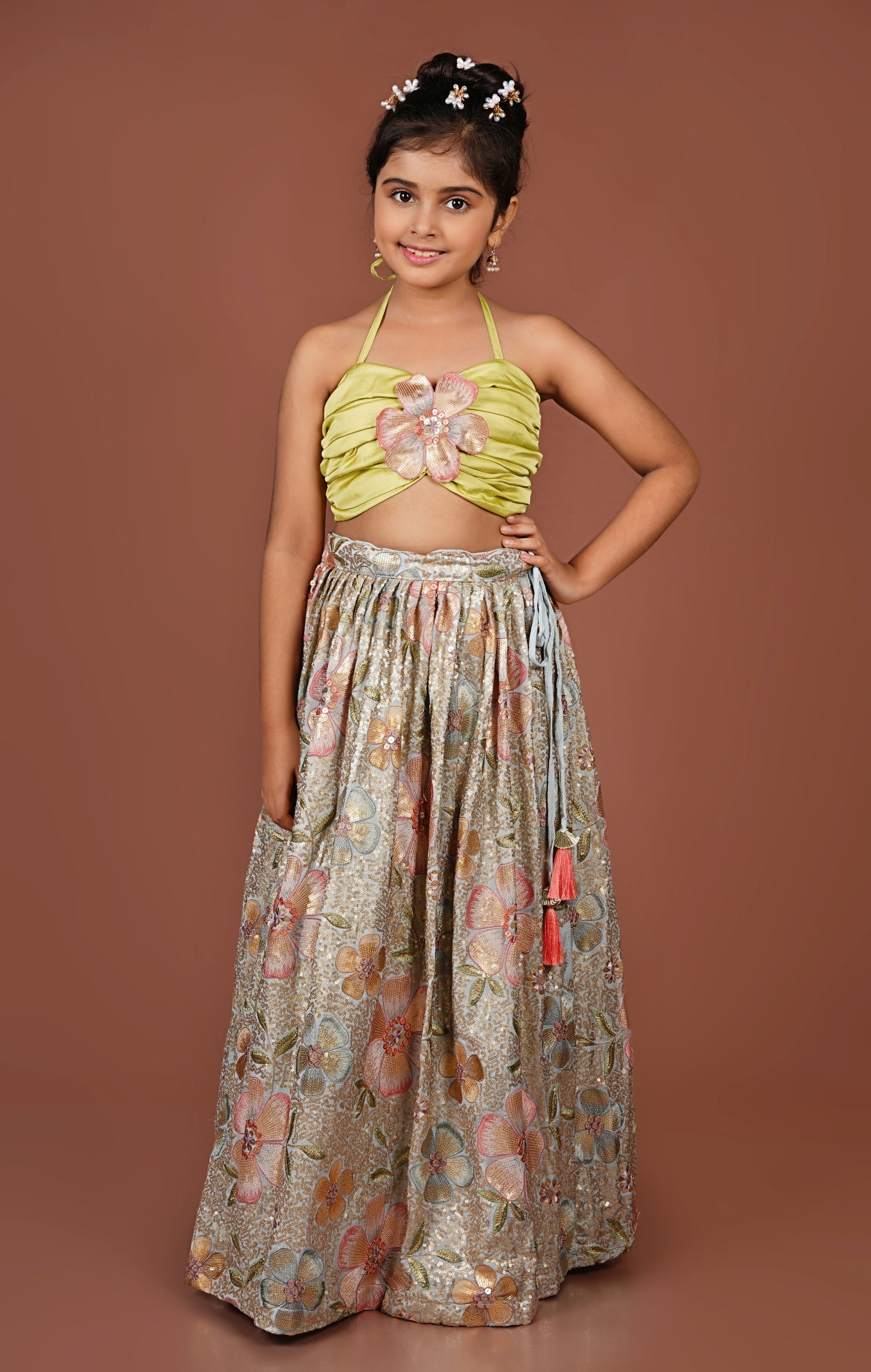Sequined Flowered Halter Top & Lehenga Set