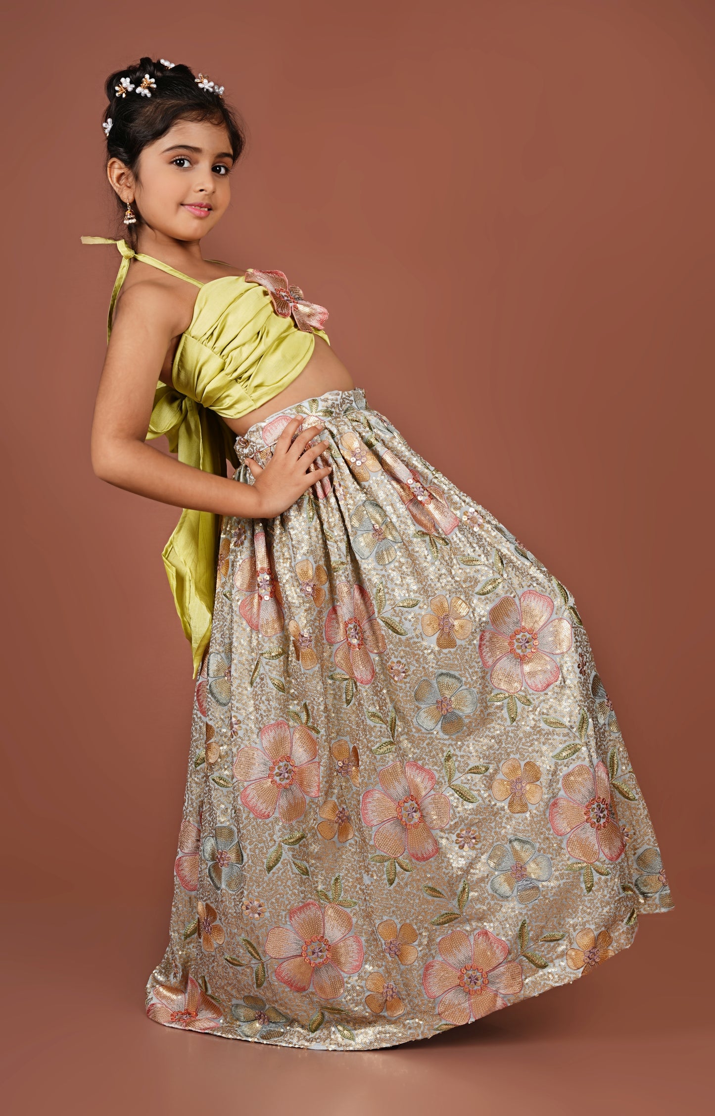 Sequined Flowered Halter Top & Lehenga Set