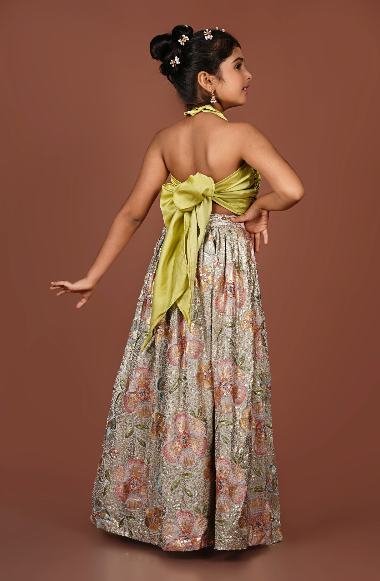Sequined Flowered Halter Top & Lehenga Set