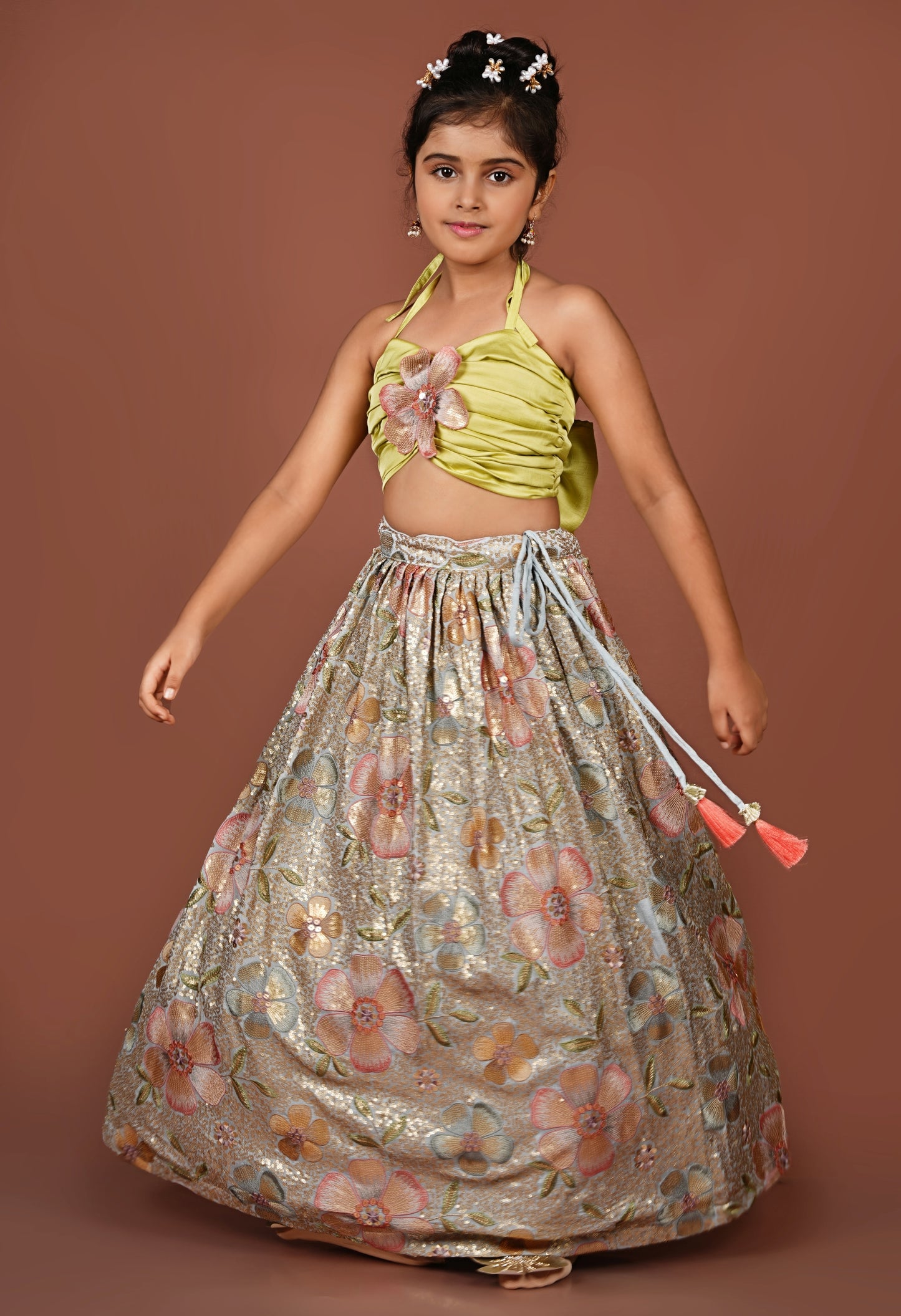 Sequined Flowered Halter Top & Lehenga Set