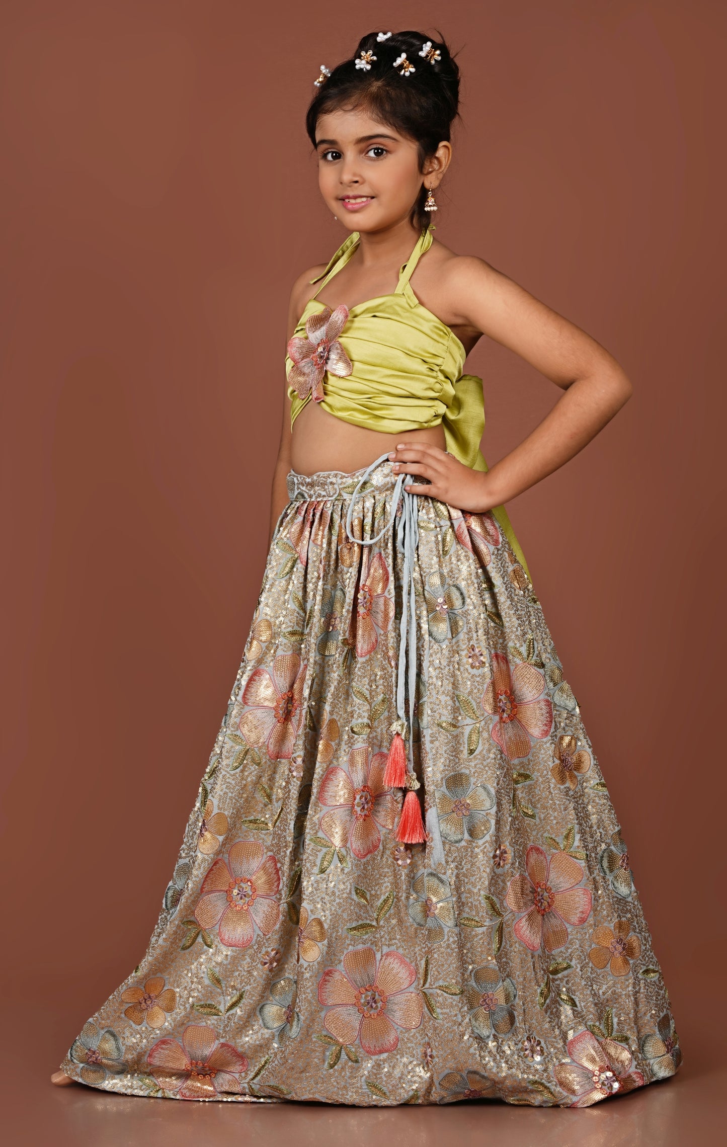 Sequined Flowered Halter Top & Lehenga Set