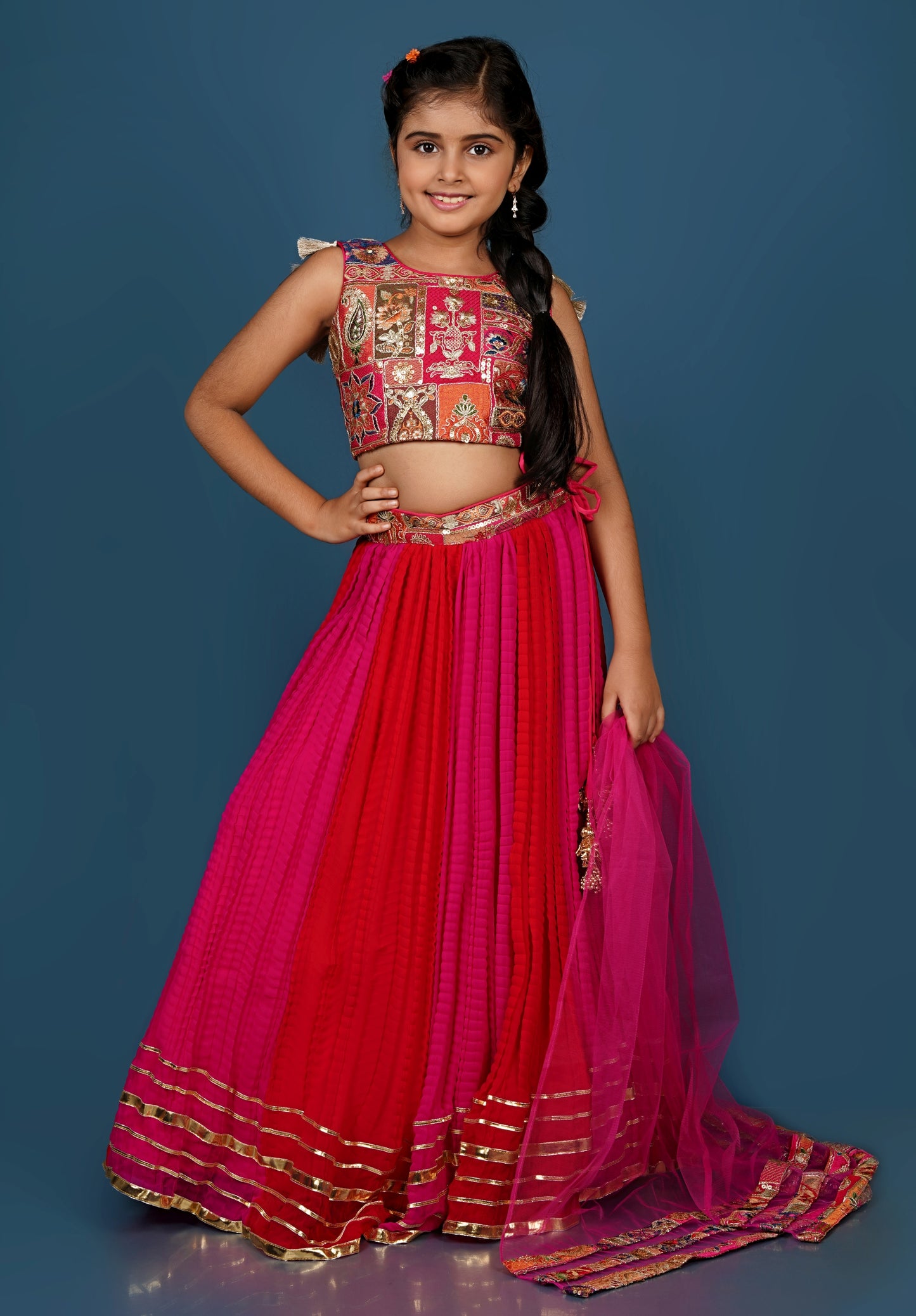 Exquisite Thread Embroidered Top with Dual-Toned Lehenga Dupatta Set.