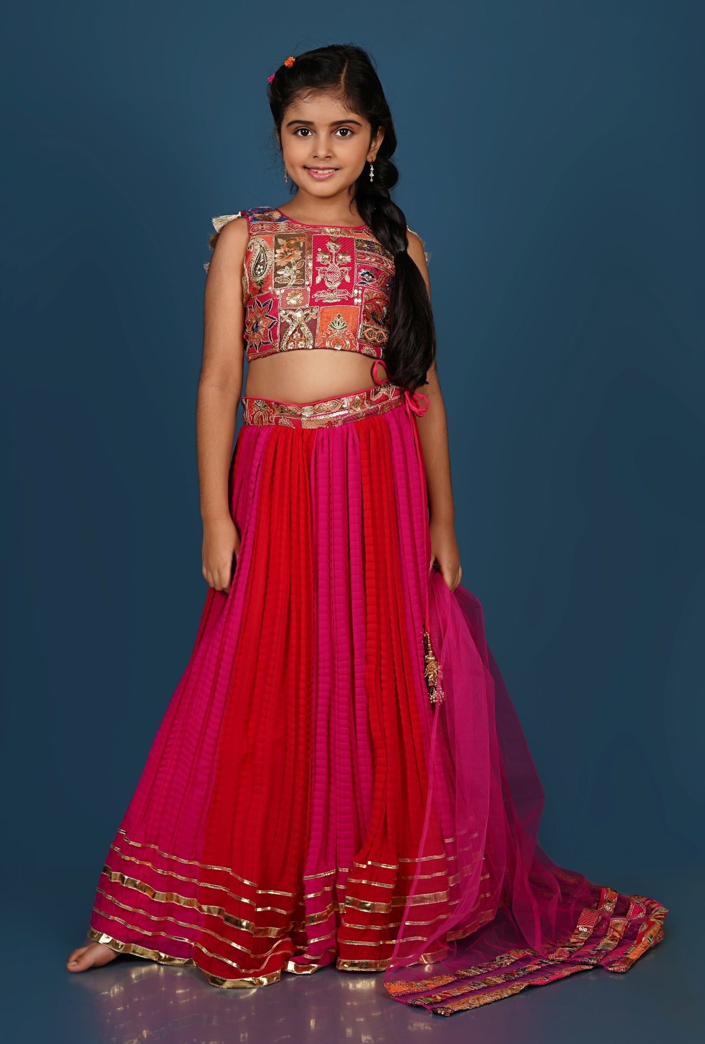 Exquisite Thread Embroidered Top with Dual-Toned Lehenga Dupatta Set.