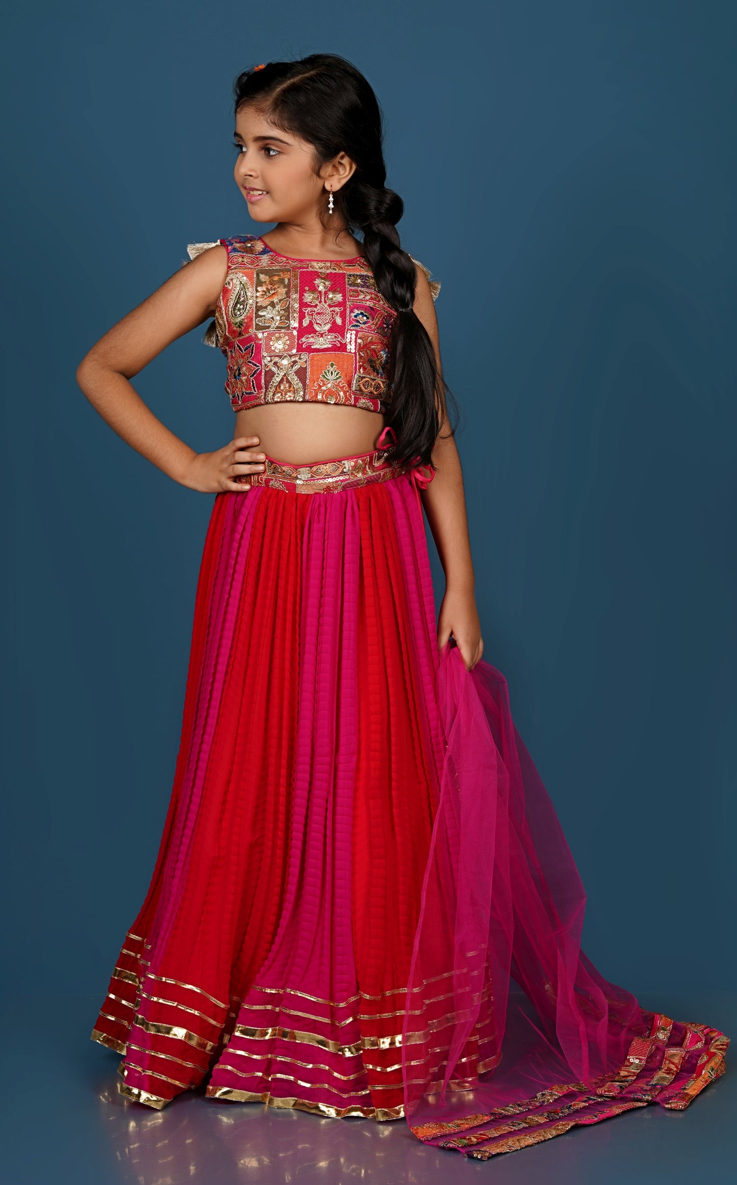 Exquisite Thread Embroidered Top with Dual-Toned Lehenga Dupatta Set.