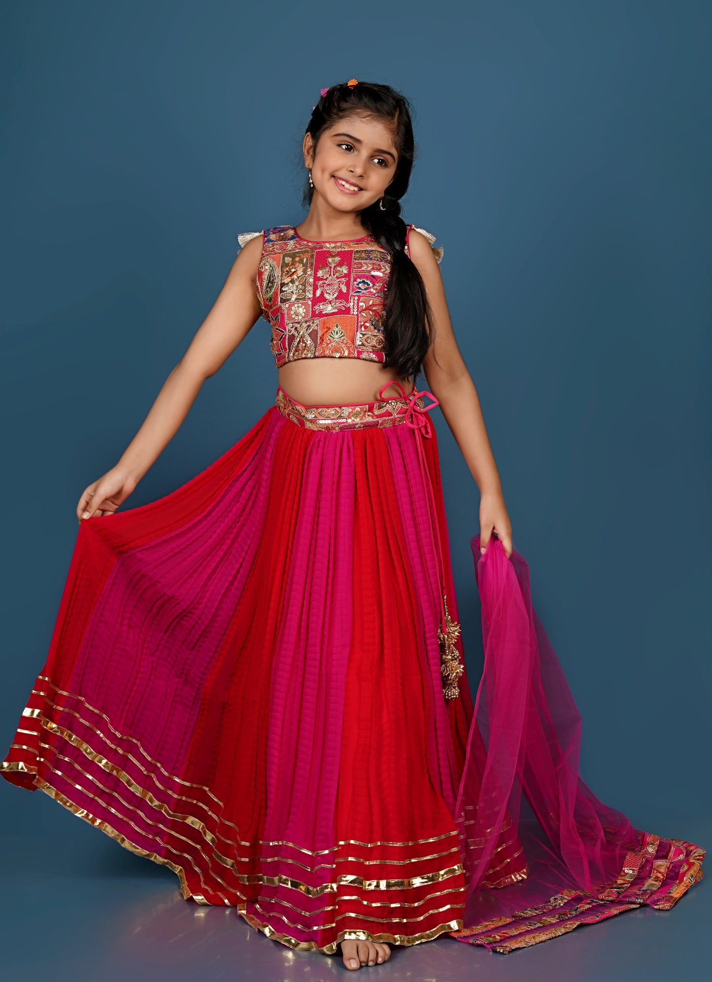 Exquisite Thread Embroidered Top with Dual-Toned Lehenga Dupatta Set.