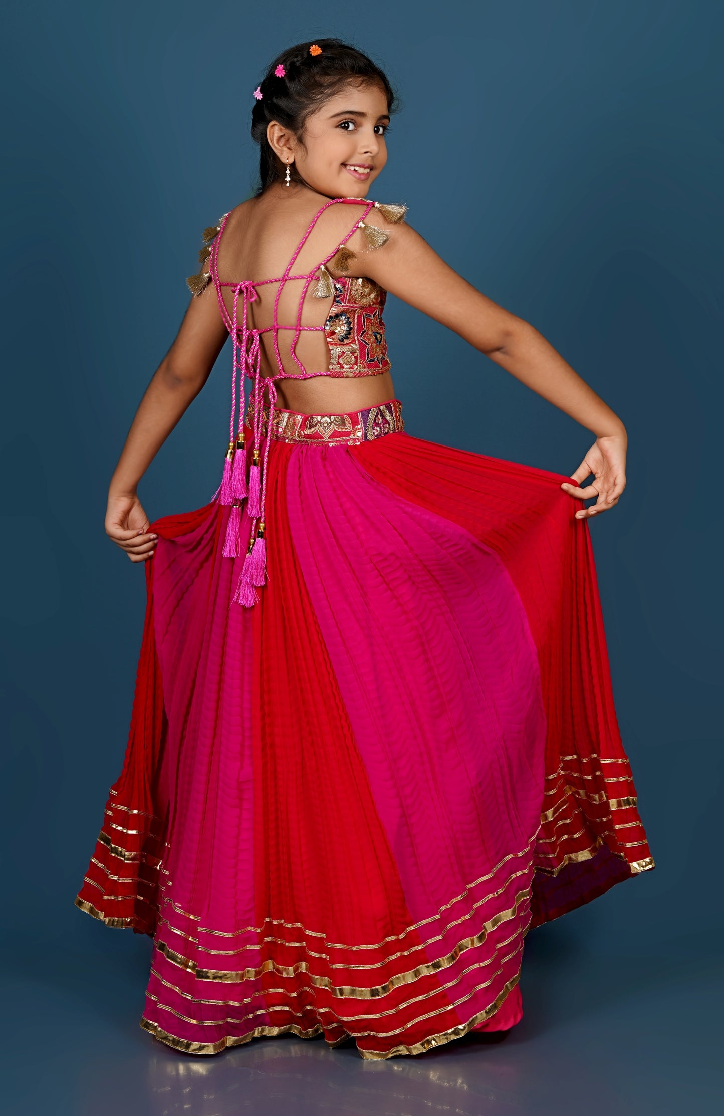 Exquisite Thread Embroidered Top with Dual-Toned Lehenga Dupatta Set.