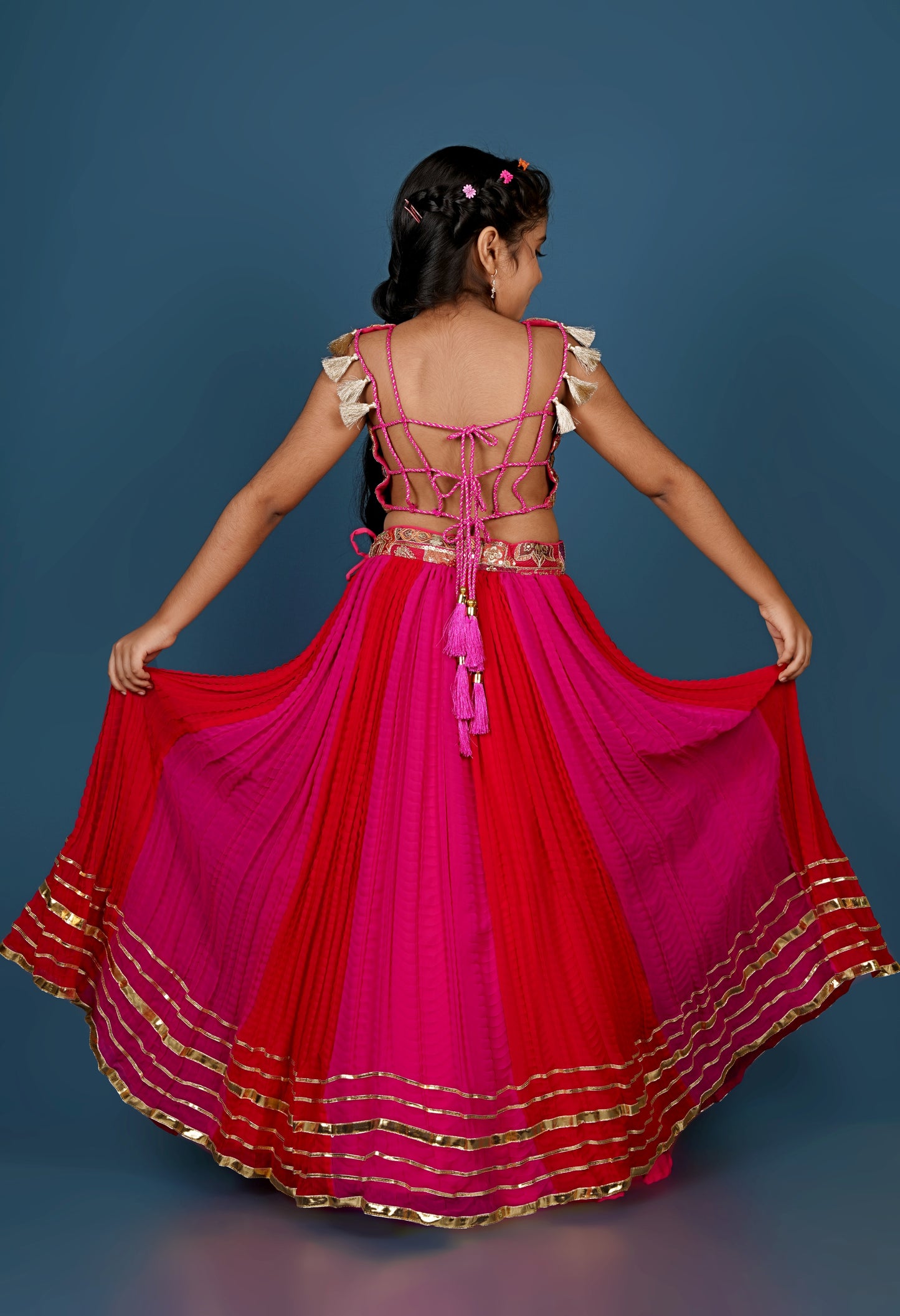 Exquisite Thread Embroidered Top with Dual-Toned Lehenga Dupatta Set.