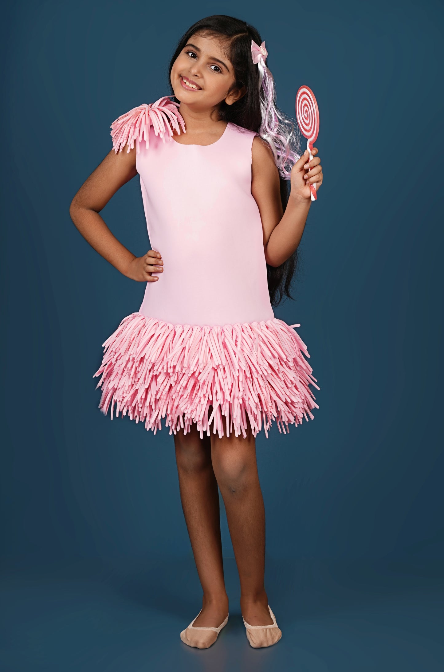 Pink Scuba Dress With Fringes Flower Brooch