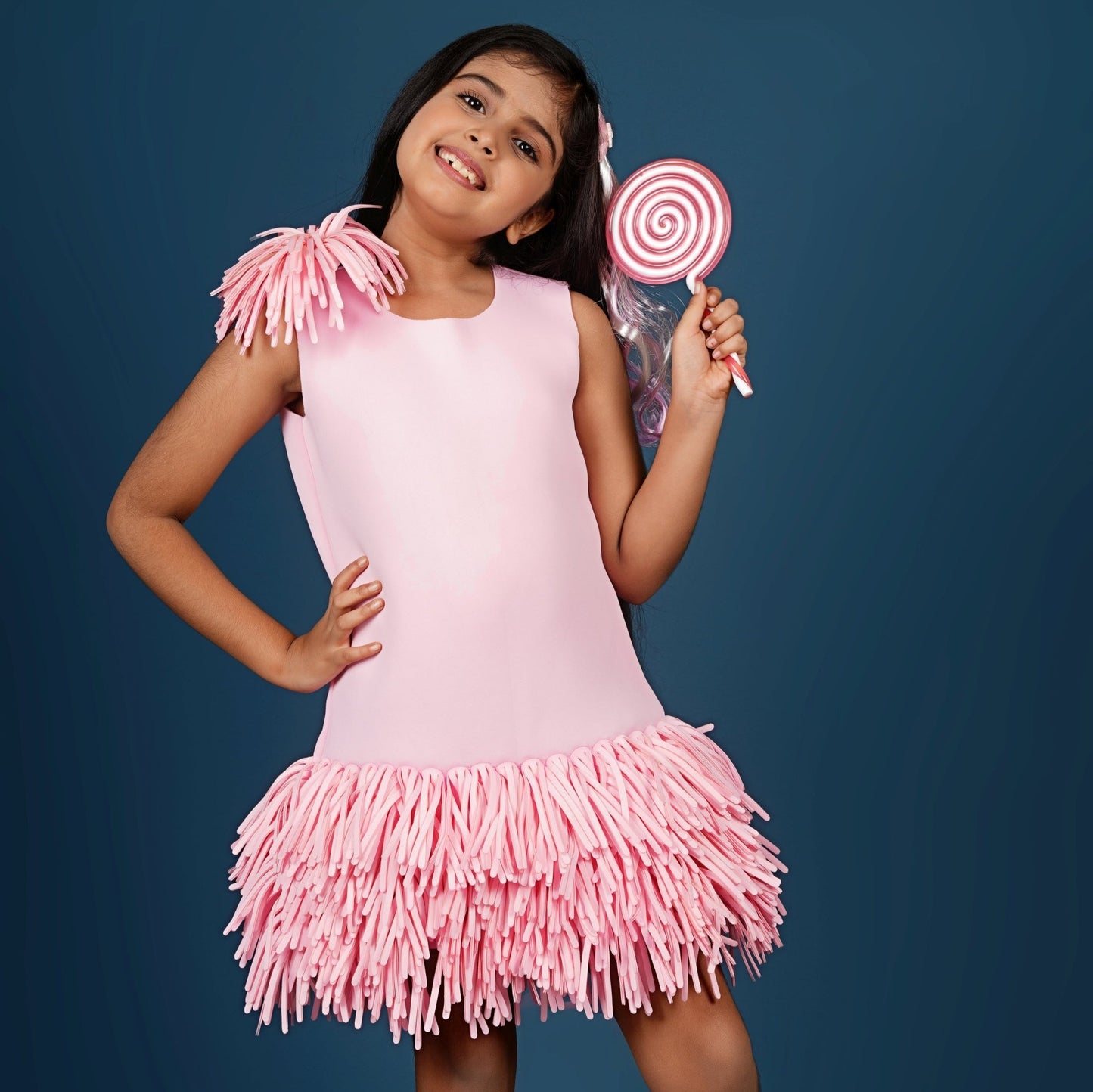 Pink Scuba Dress With Fringes Flower Brooch