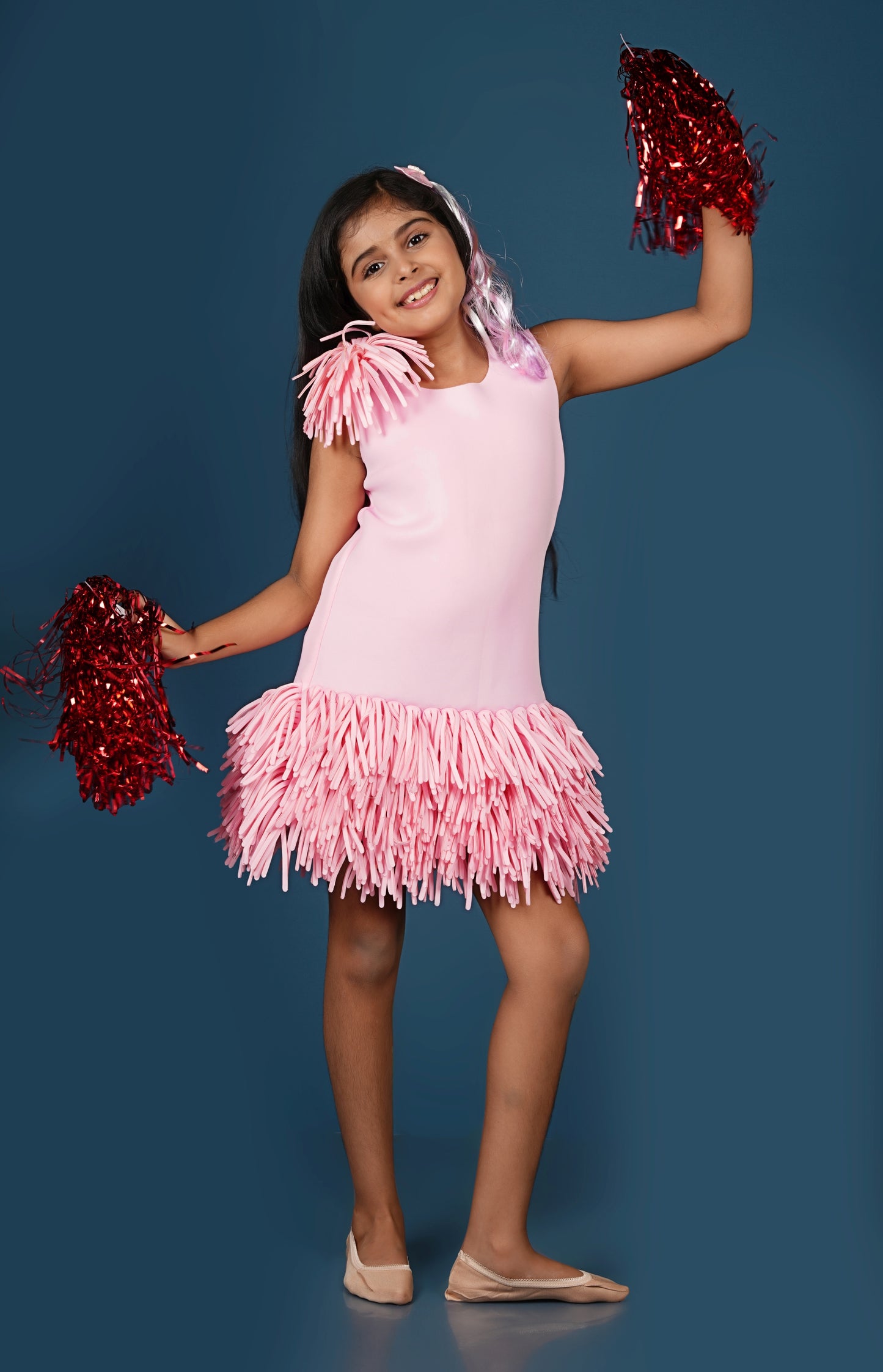 Pink Scuba Dress With Fringes Flower Brooch