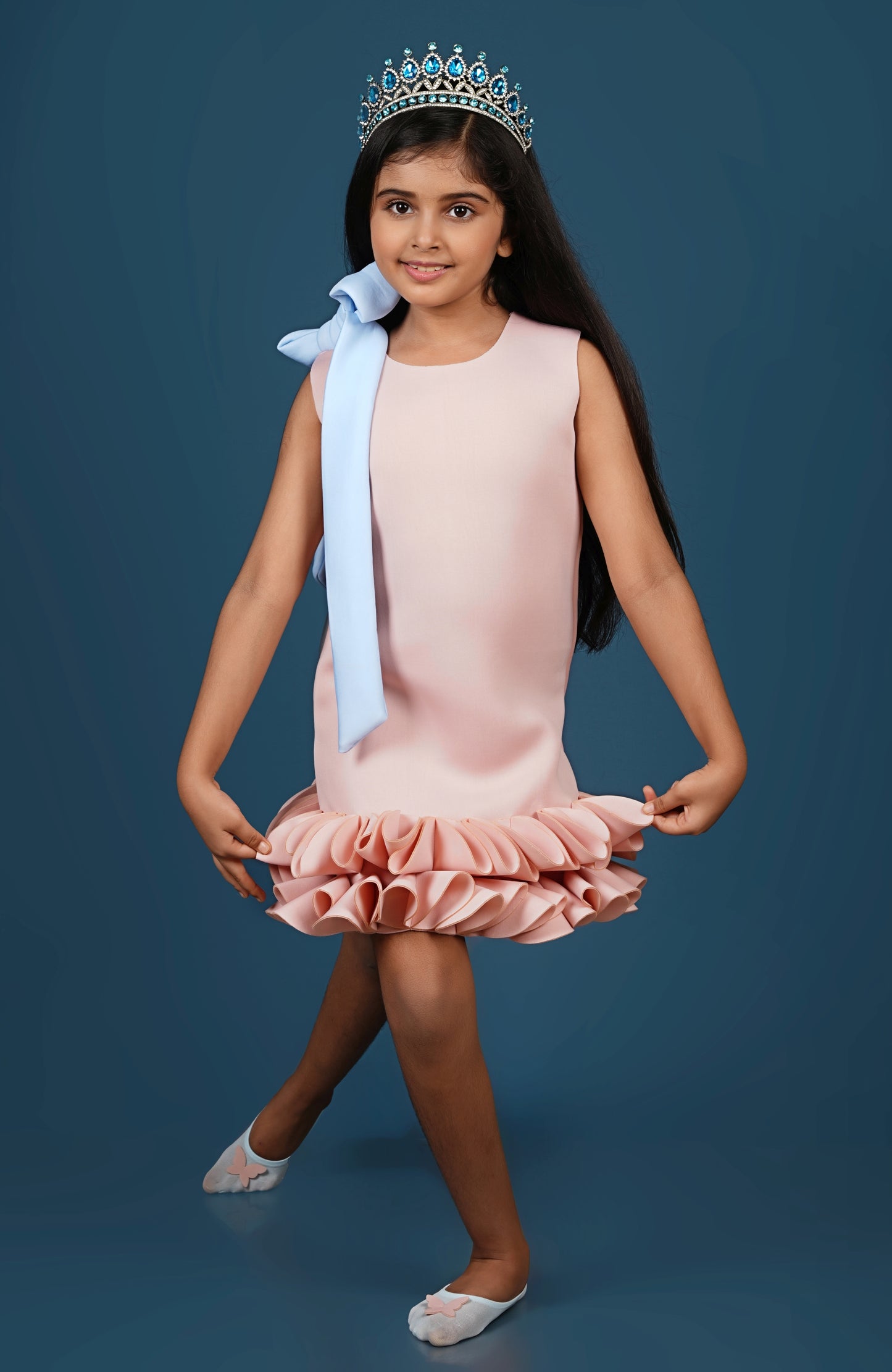 Knot To Tie Bow Enhanced Pleated Ruffle Hem A-Line Dress