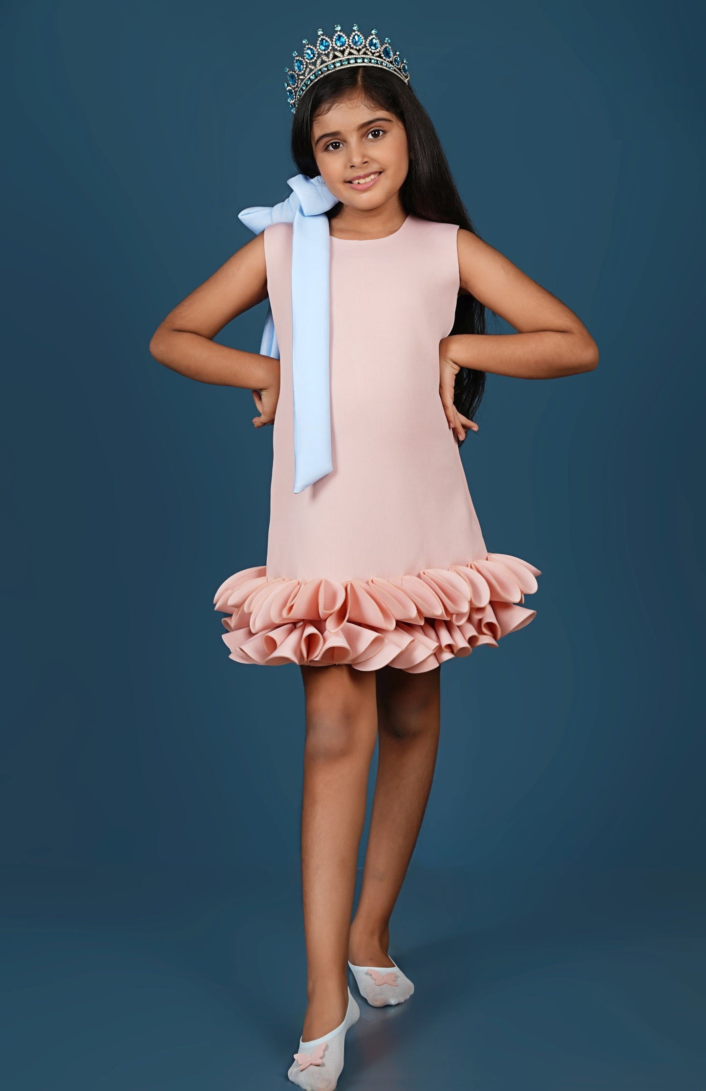 Knot To Tie Bow Enhanced Pleated Ruffle Hem A-Line Dress