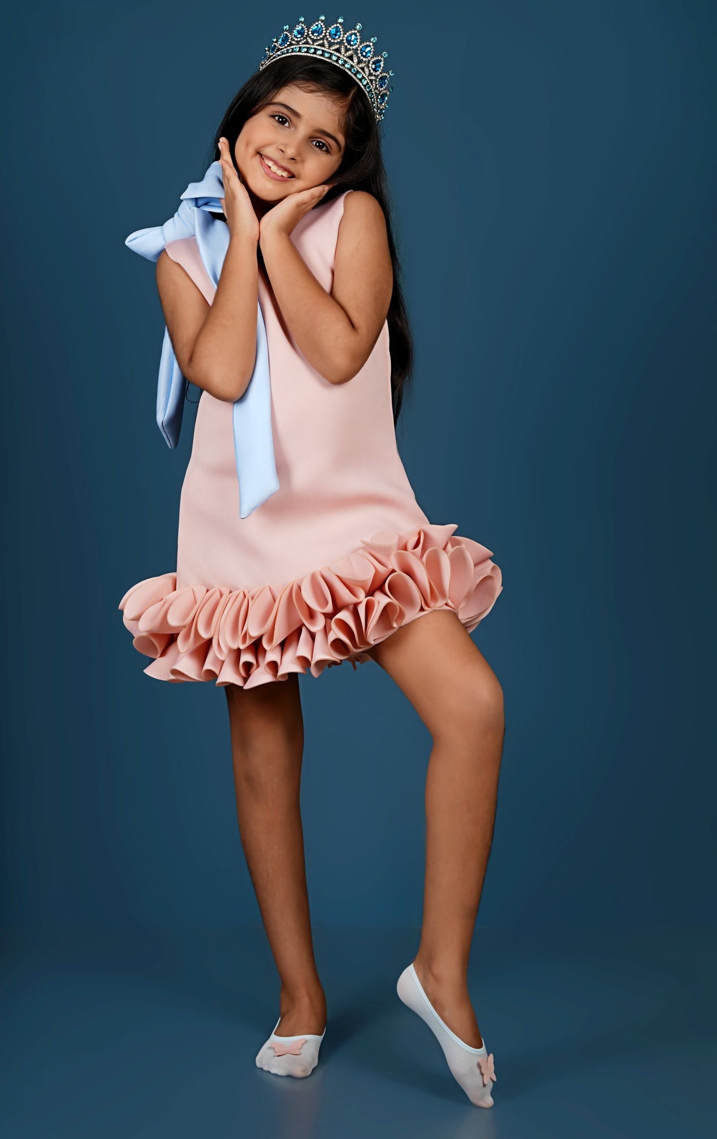 Knot To Tie Bow Enhanced Pleated Ruffle Hem A-Line Dress