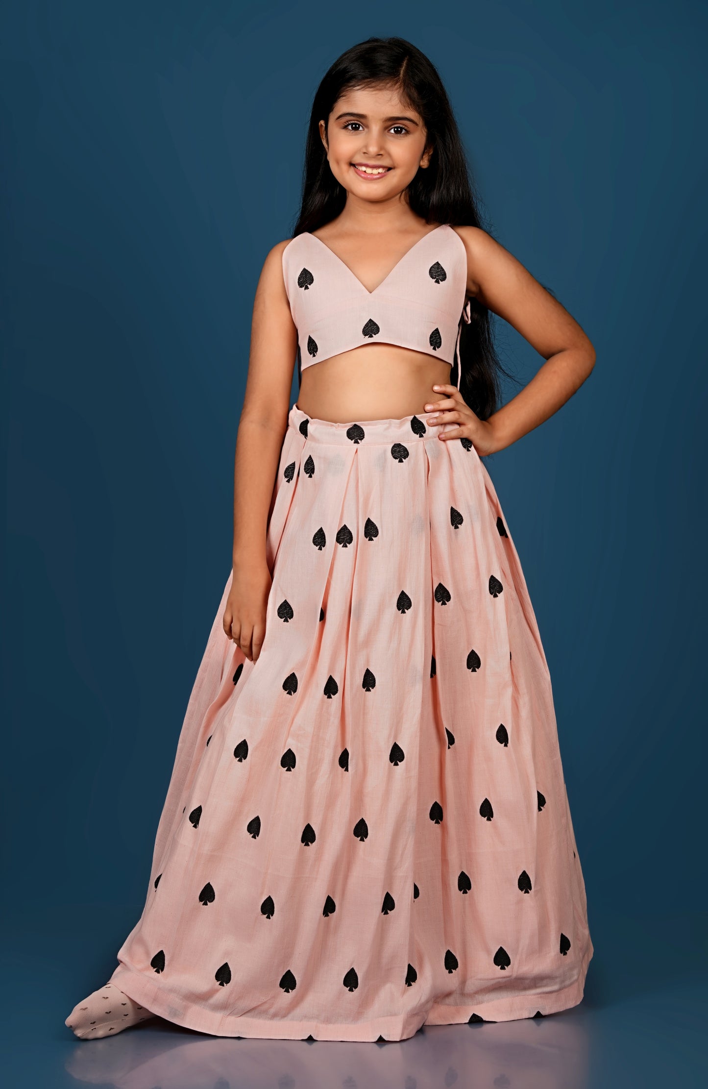 Adorable Peach Spade Embroidered Lehenga Dupatta Set