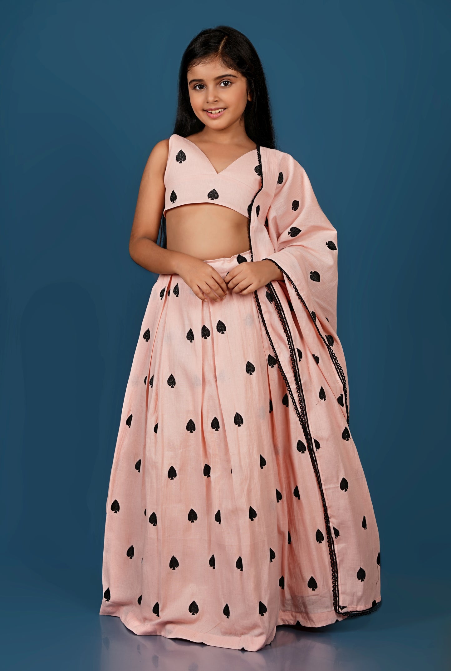 Adorable Peach Spade Embroidered Lehenga Dupatta Set