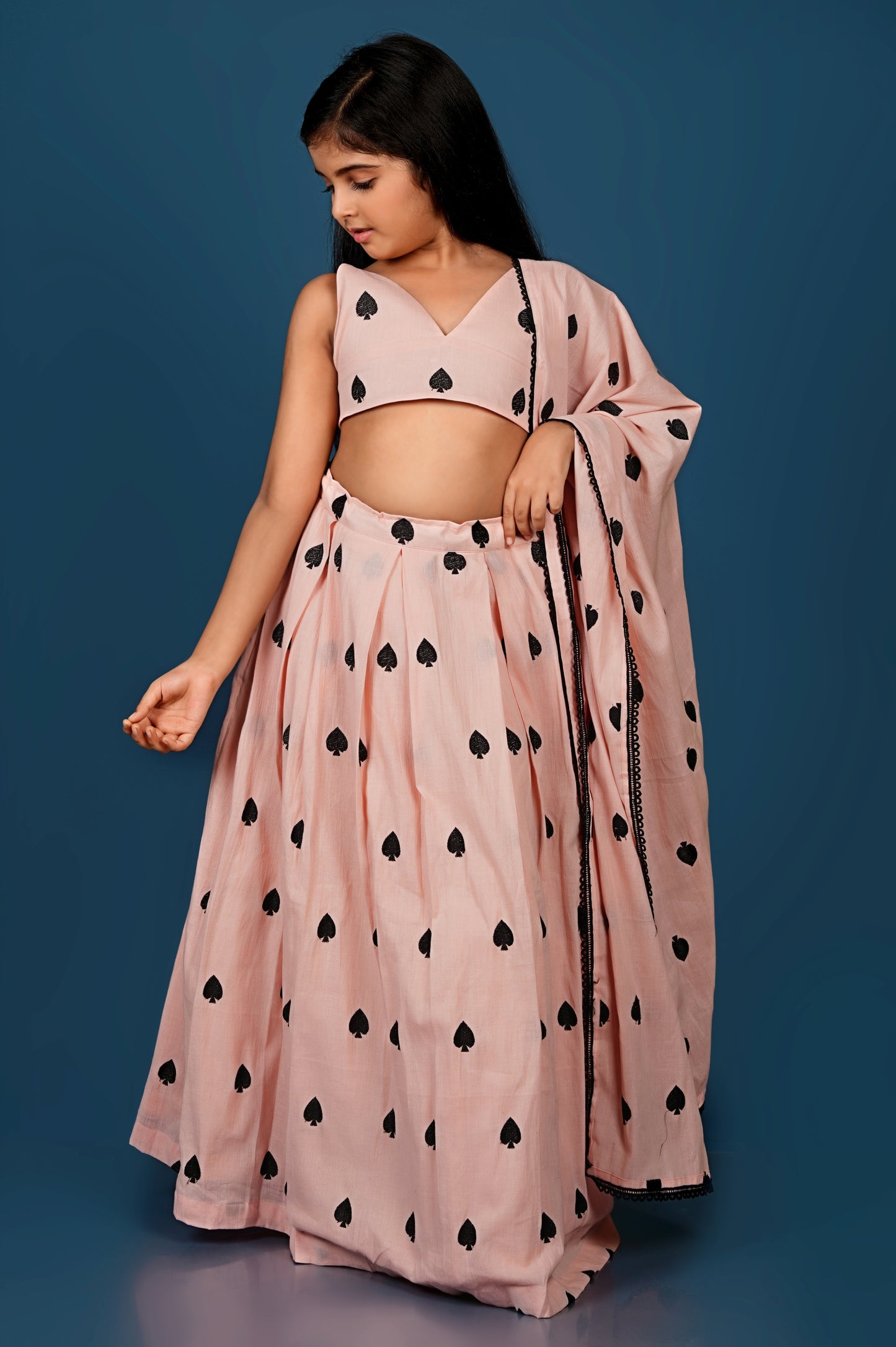 Adorable Peach Spade Embroidered Lehenga Dupatta Set
