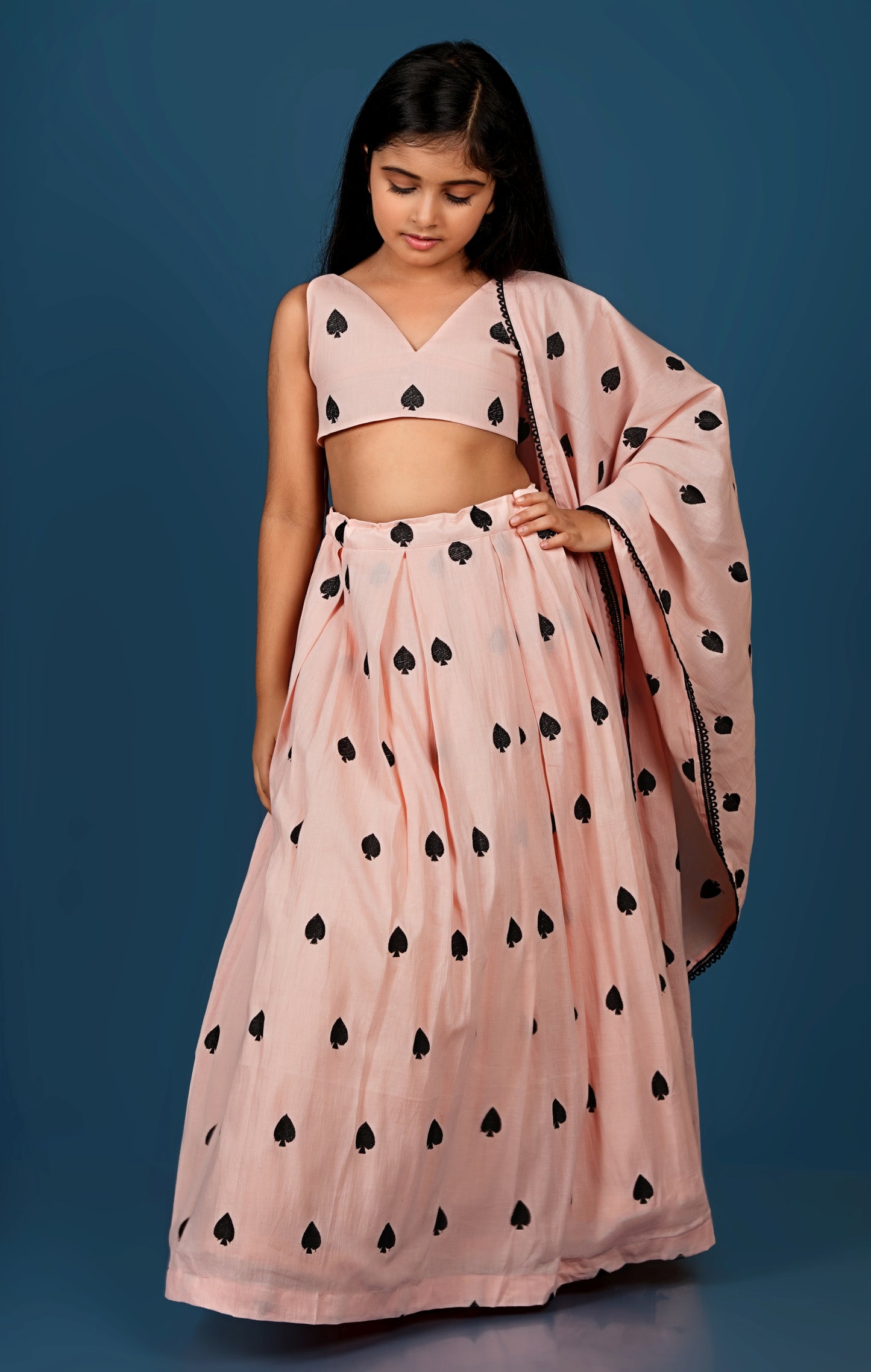 Adorable Peach Spade Embroidered Lehenga Dupatta Set