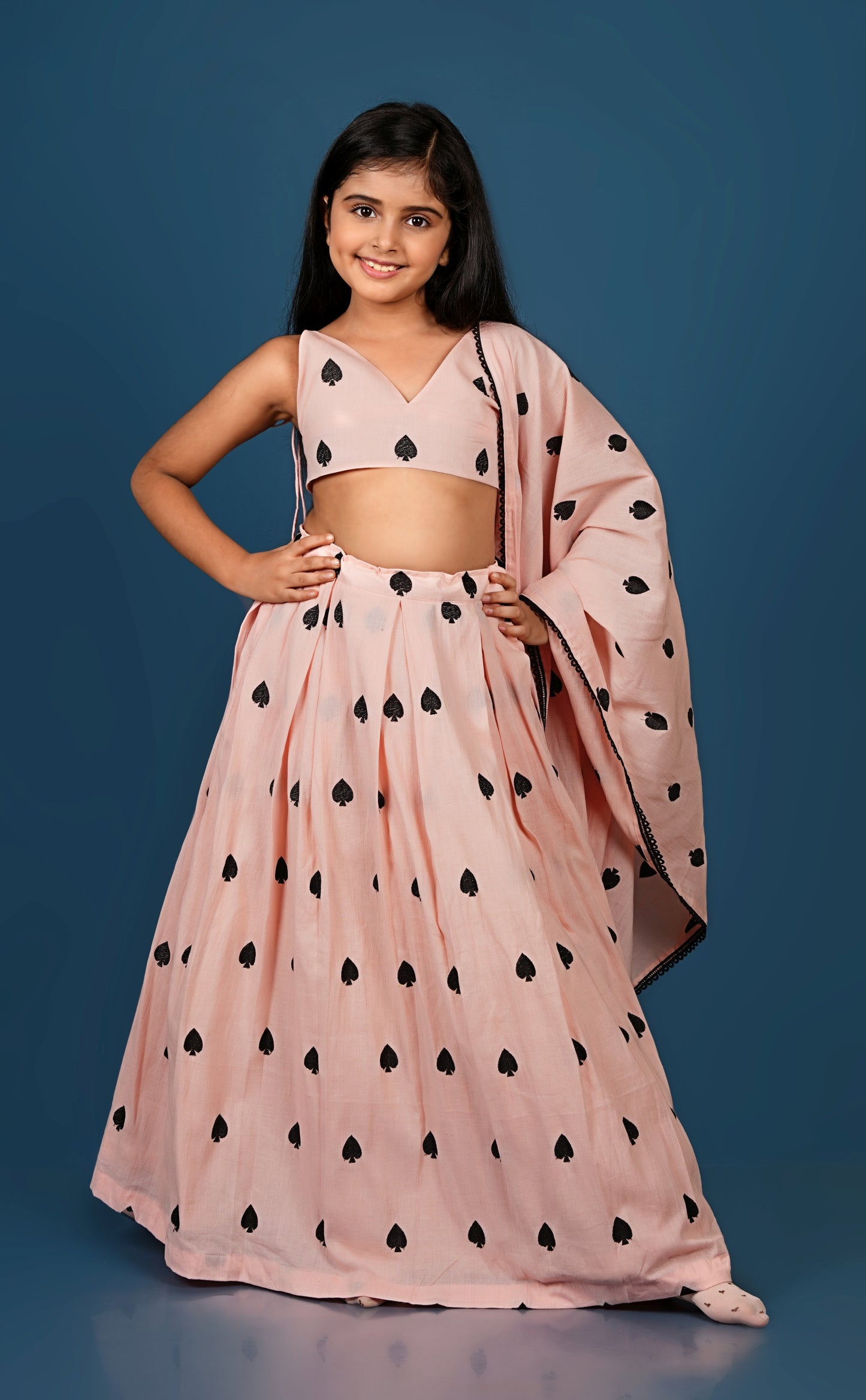 Adorable Peach Spade Embroidered Lehenga Dupatta Set