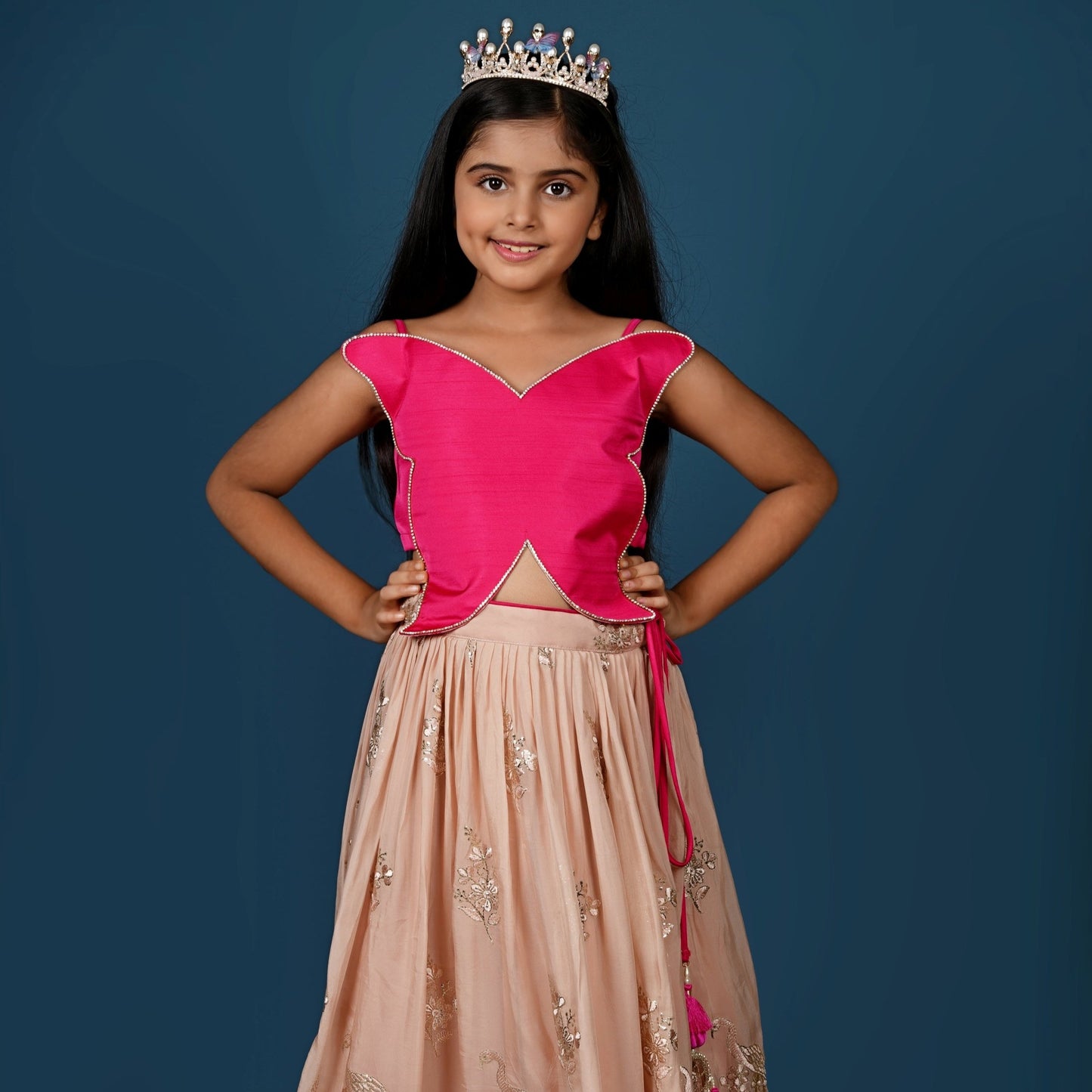 Pink Butterfly Top with Floral Embroidered Lehenga