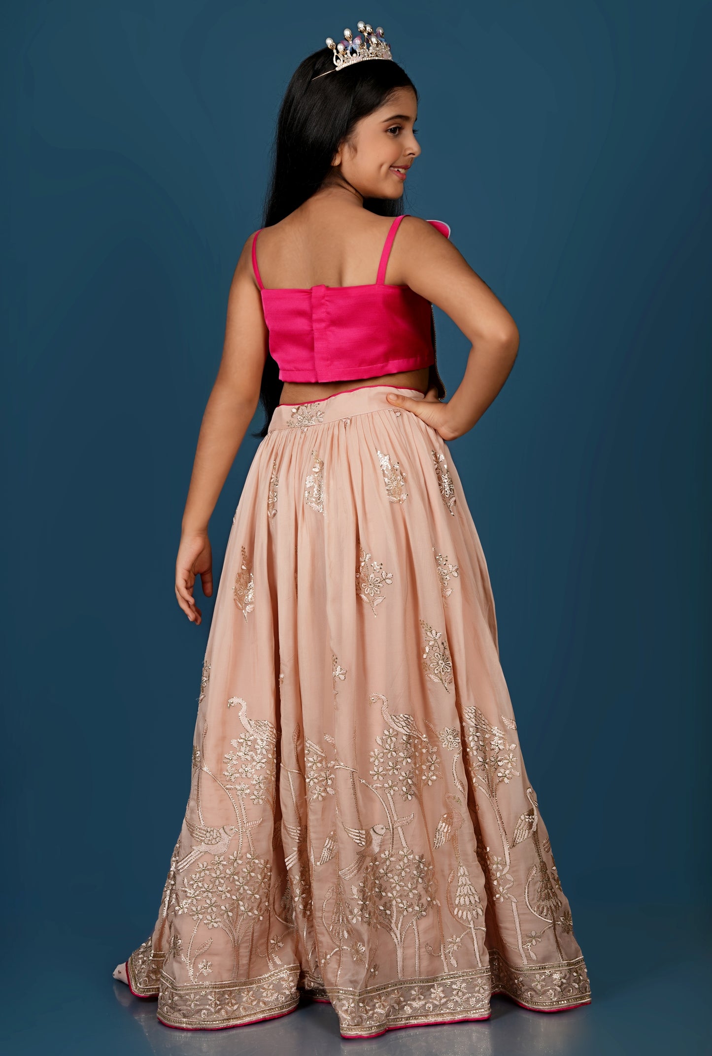 Pink Butterfly Top with Floral Embroidered Lehenga