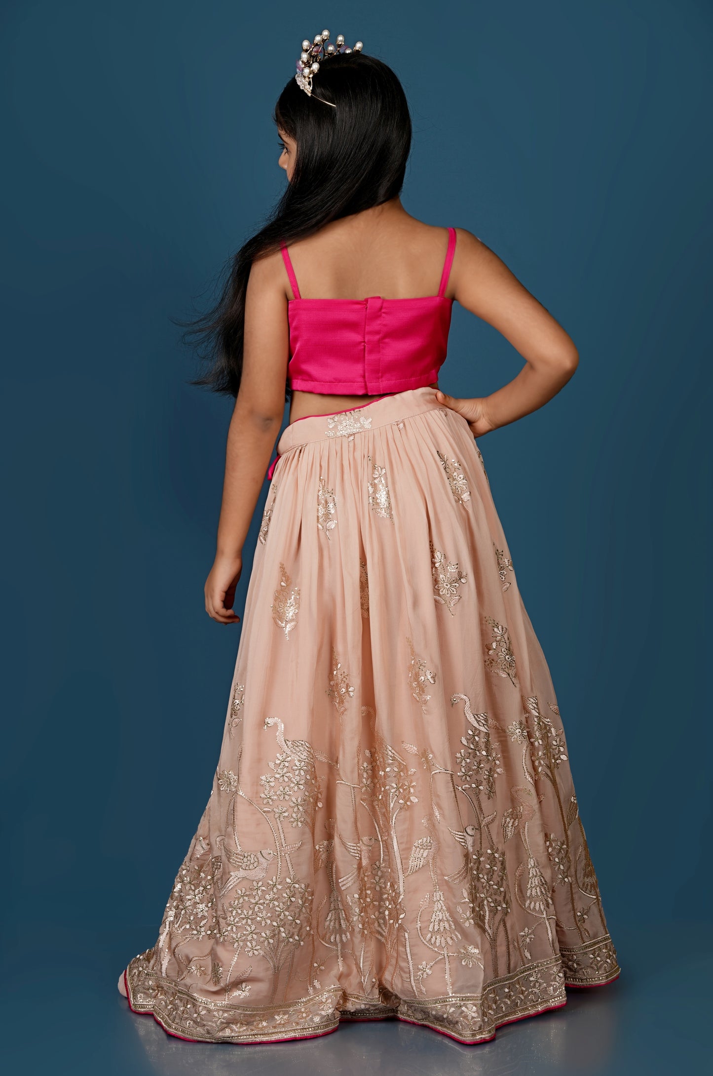 Pink Butterfly Top with Floral Embroidered Lehenga