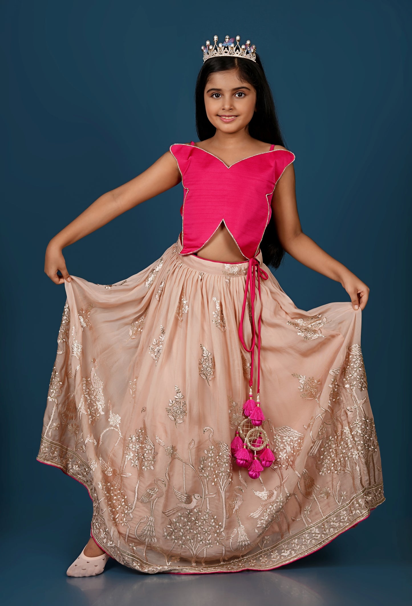 Pink Butterfly Top with Floral Embroidered Lehenga