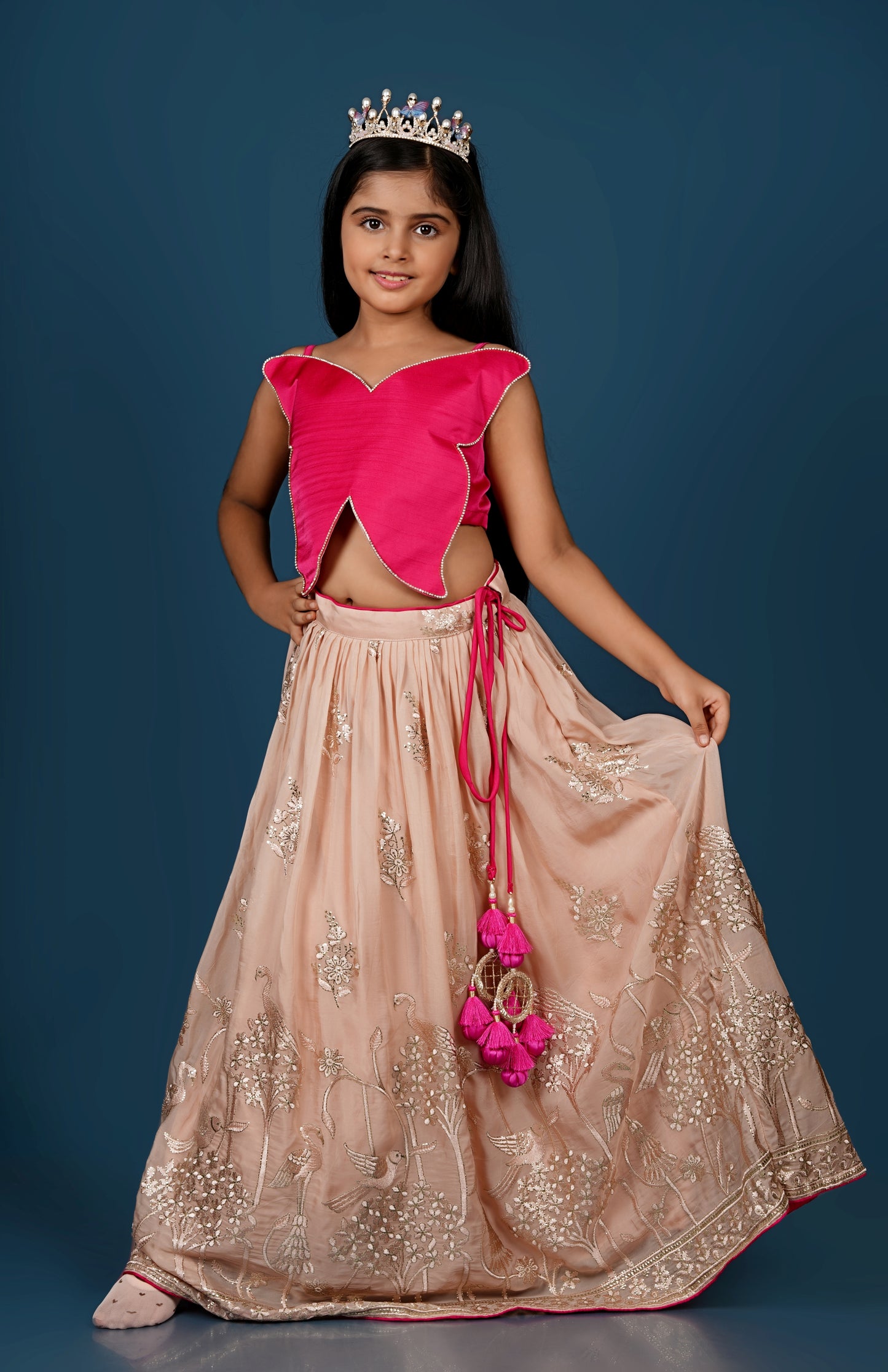 Pink Butterfly Top with Floral Embroidered Lehenga
