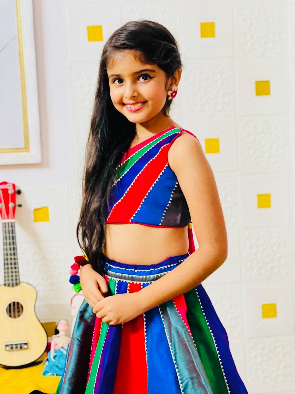 Multicoloured Colour Blocked Top With Lehenga And Dupatta