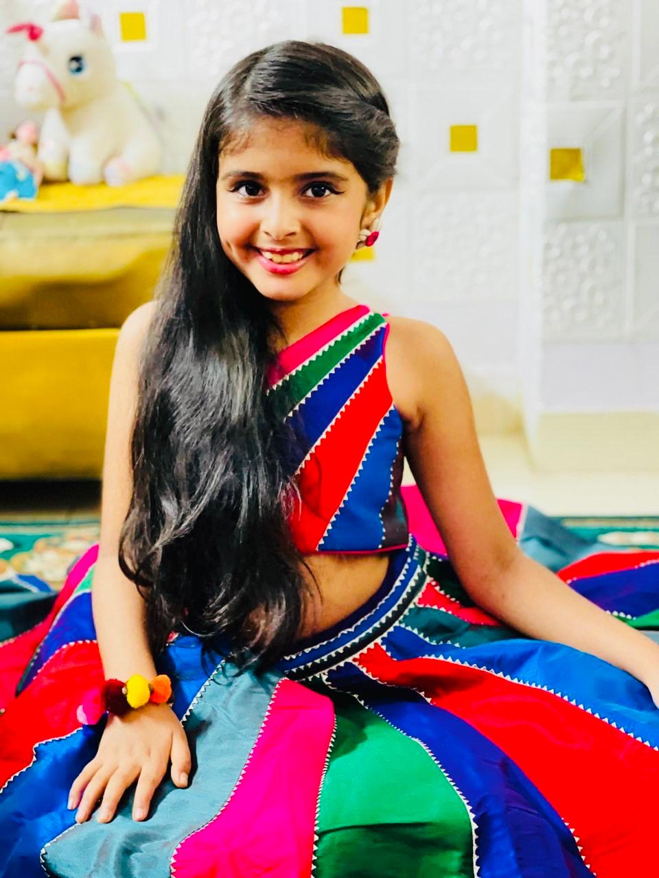 Multicoloured Colour Blocked Top With Lehenga And Dupatta