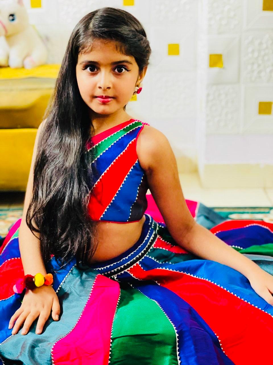 Multicoloured Colour Blocked Top With Lehenga And Dupatta