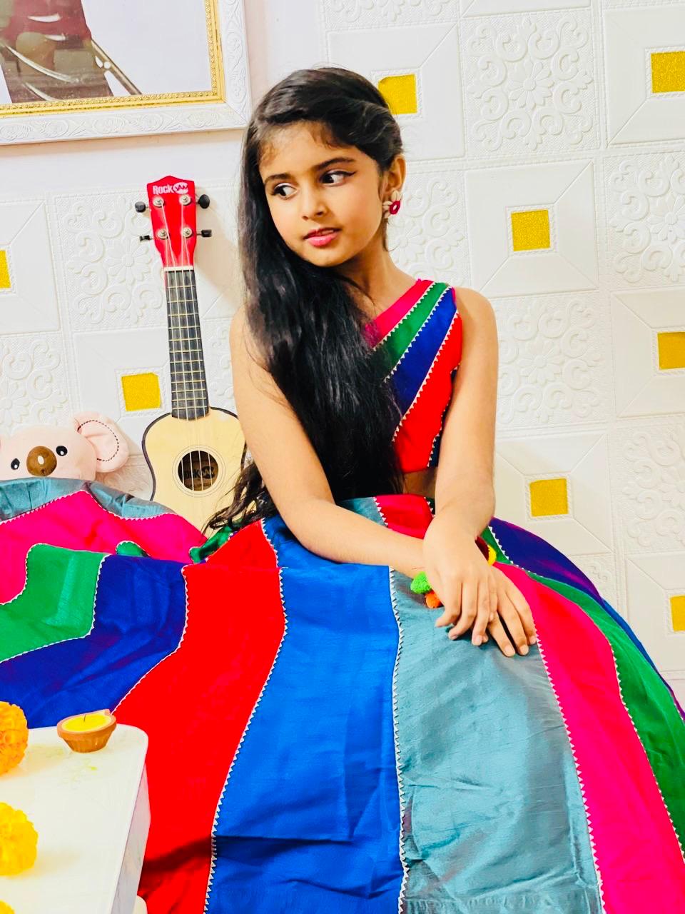 Multicoloured Colour Blocked Top With Lehenga And Dupatta