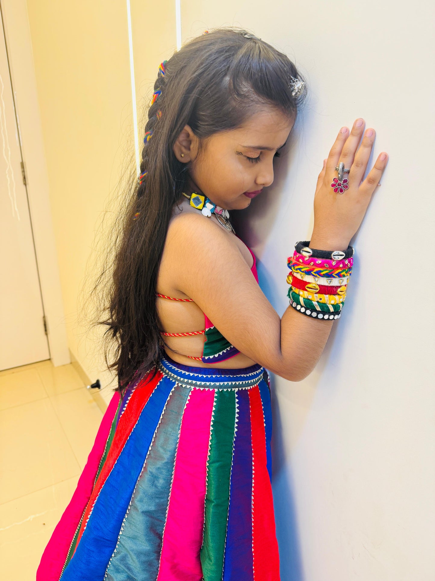 Multicoloured Colour Blocked Top With Lehenga And Dupatta