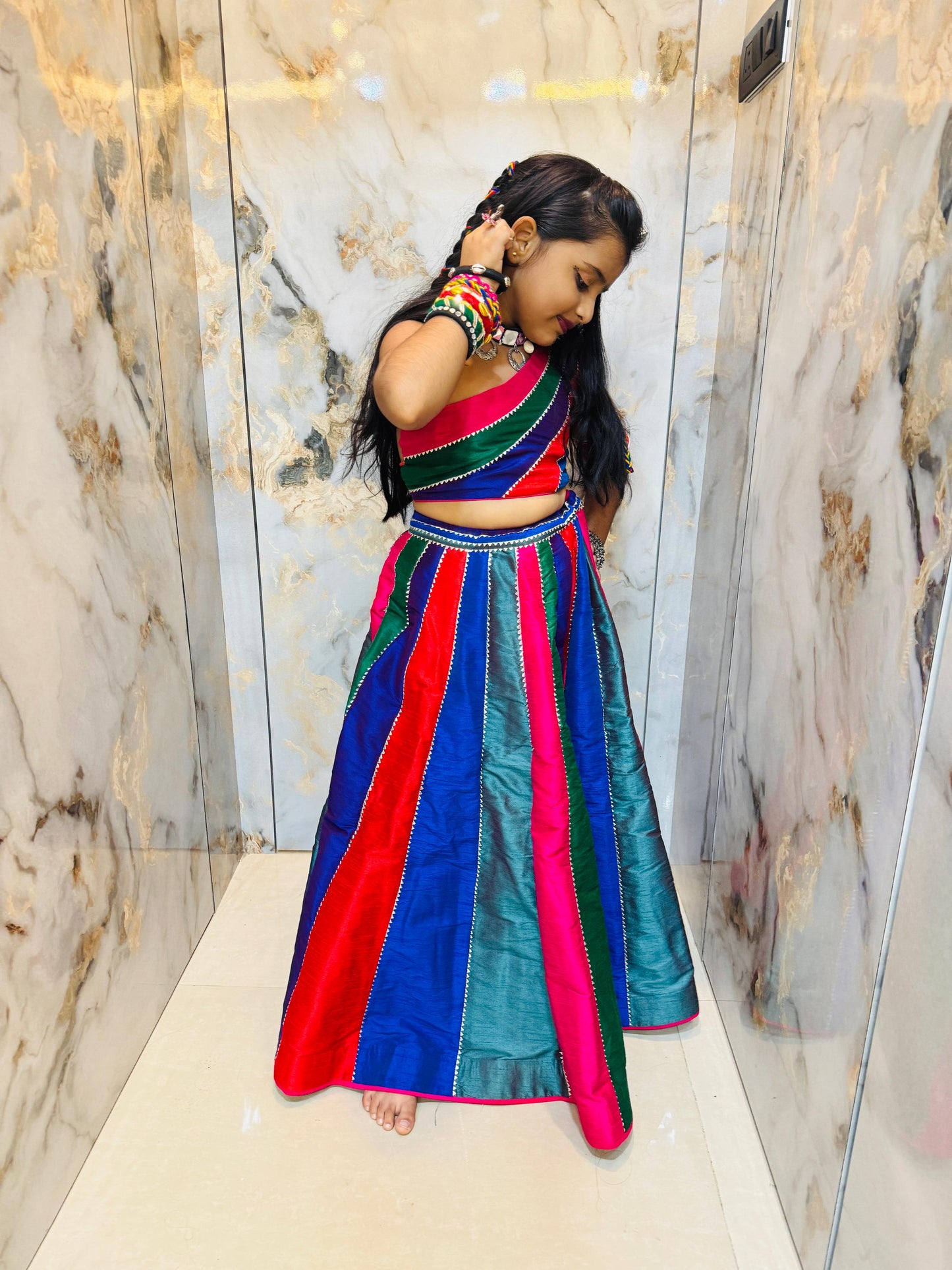 Multicoloured Colour Blocked Top With Lehenga And Dupatta