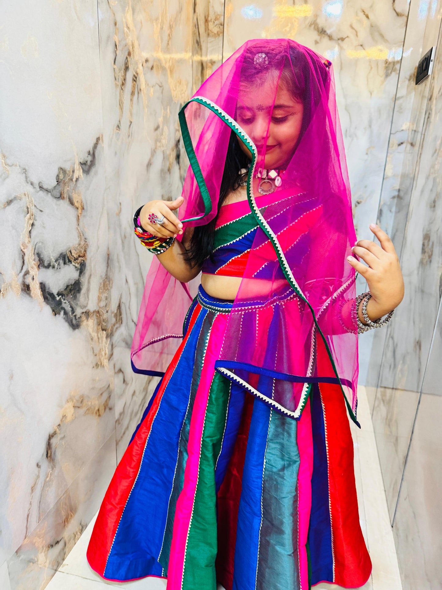 Multicoloured Colour Blocked Top With Lehenga And Dupatta