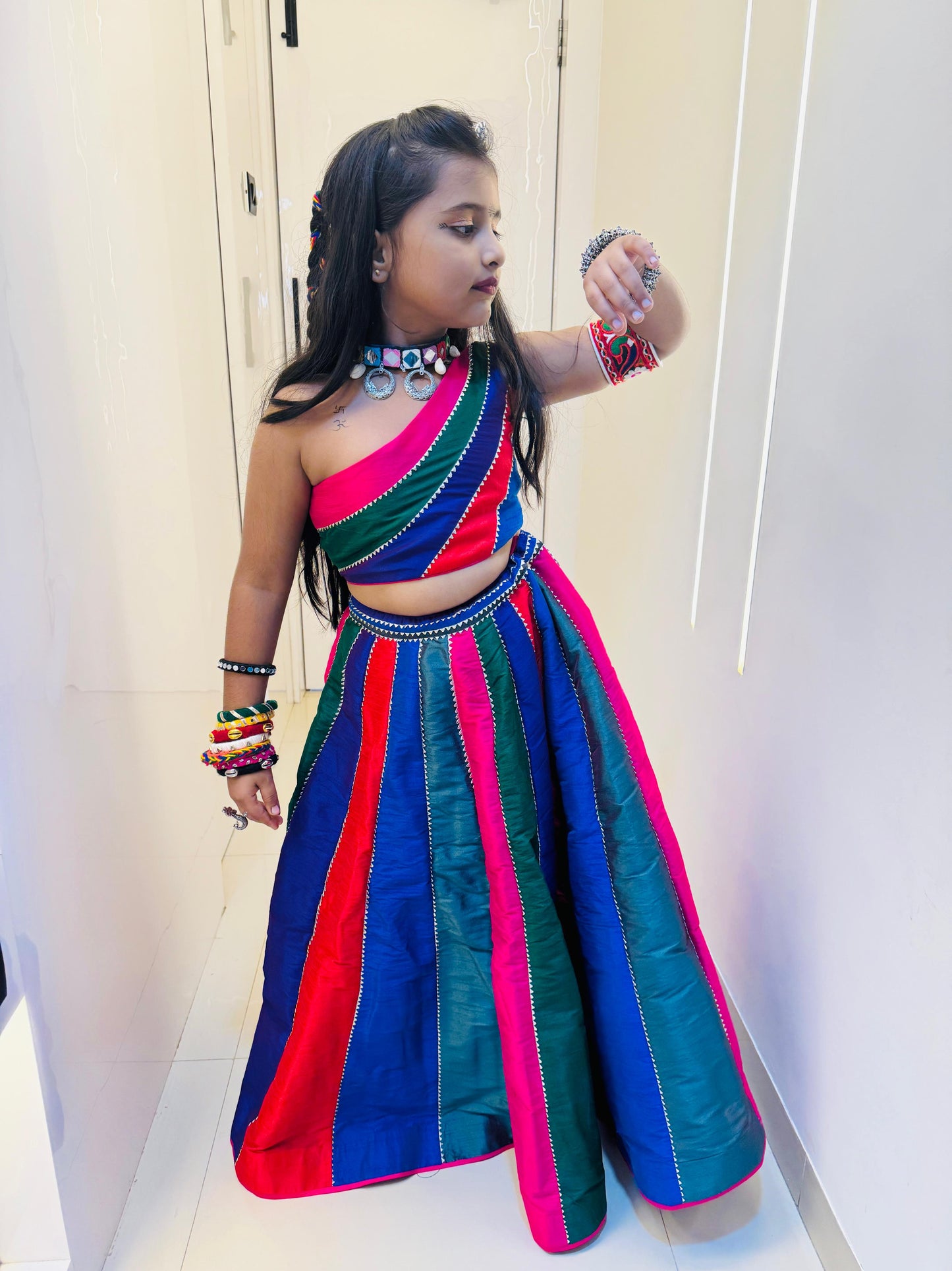 Multicoloured Colour Blocked Top With Lehenga And Dupatta