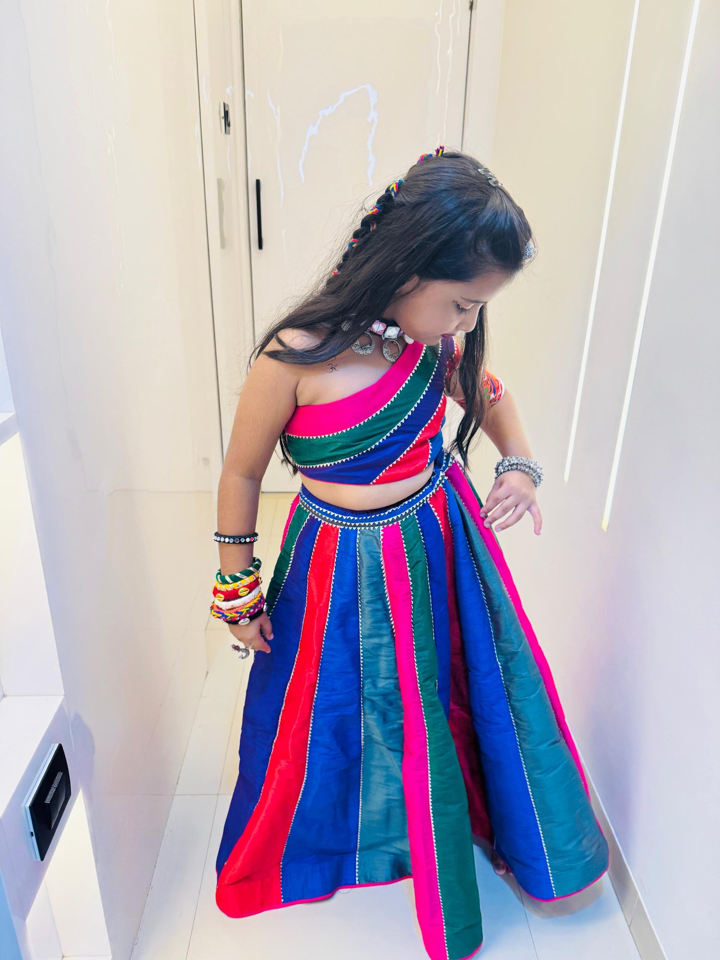 Multicoloured Colour Blocked Top With Lehenga And Dupatta
