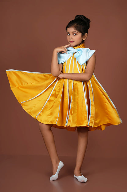 Bold Vibrant Mustard Meets Ice Blue in This Chic Pleated Dress