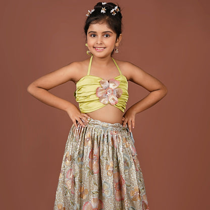 Sequined Flowered Halter Top & Lehenga Set