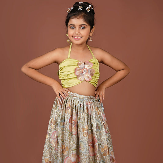 Sequined Flowered Halter Top & Lehenga Set