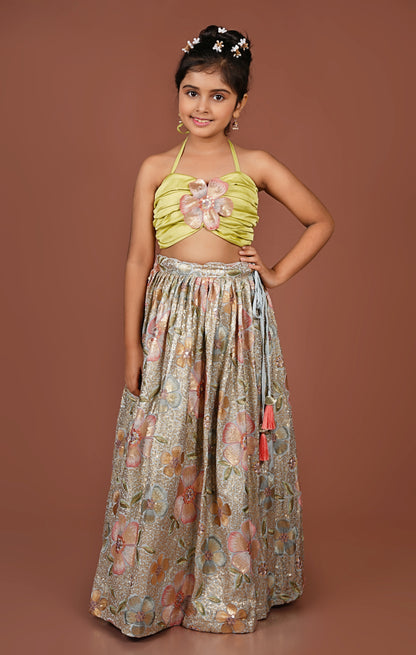 Sequined Flowered Halter Top & Lehenga Set