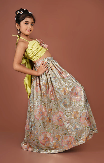 Sequined Flowered Halter Top & Lehenga Set