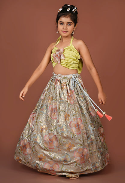 Sequined Flowered Halter Top & Lehenga Set