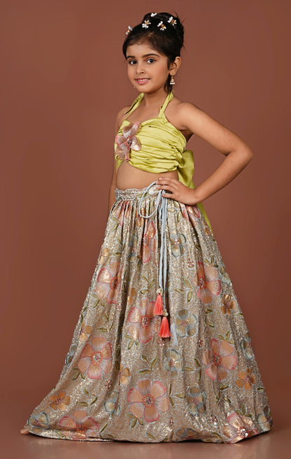 Sequined Flowered Halter Top & Lehenga Set