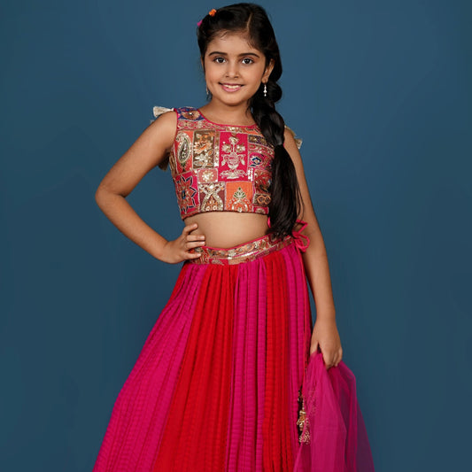 Exquisite Thread Embroidered Top with Dual-Toned Lehenga Dupatta Set.